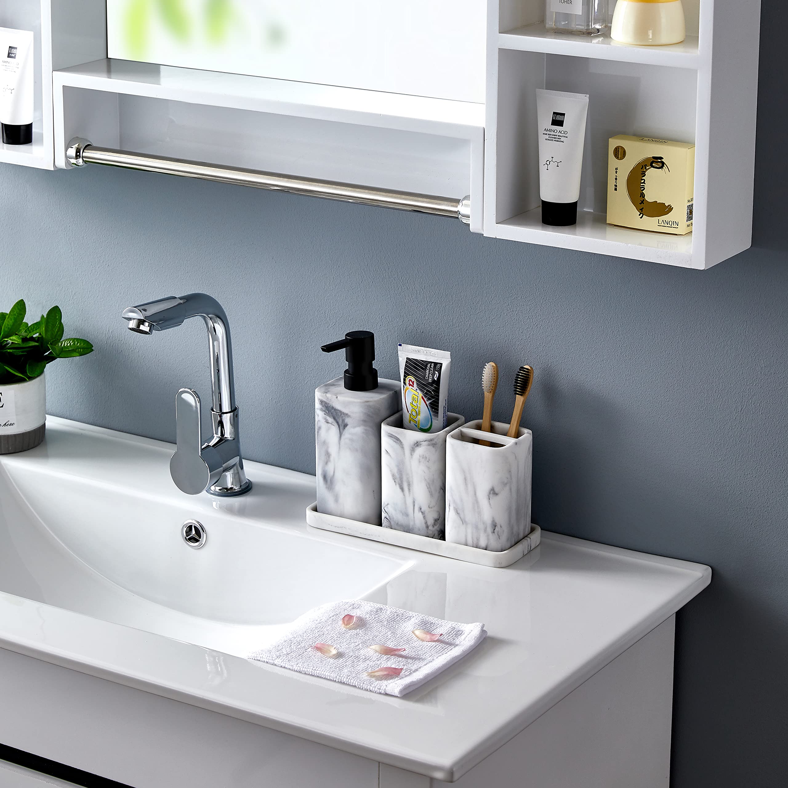 White Marble Toothbrush Holder for Bathroom - Toothpaste & Makeup Organizer with Razor Storage - Countertop Vanity Organizer for Brushes & Essentials | Perfect for Small Bathroom Spaces & Travel
