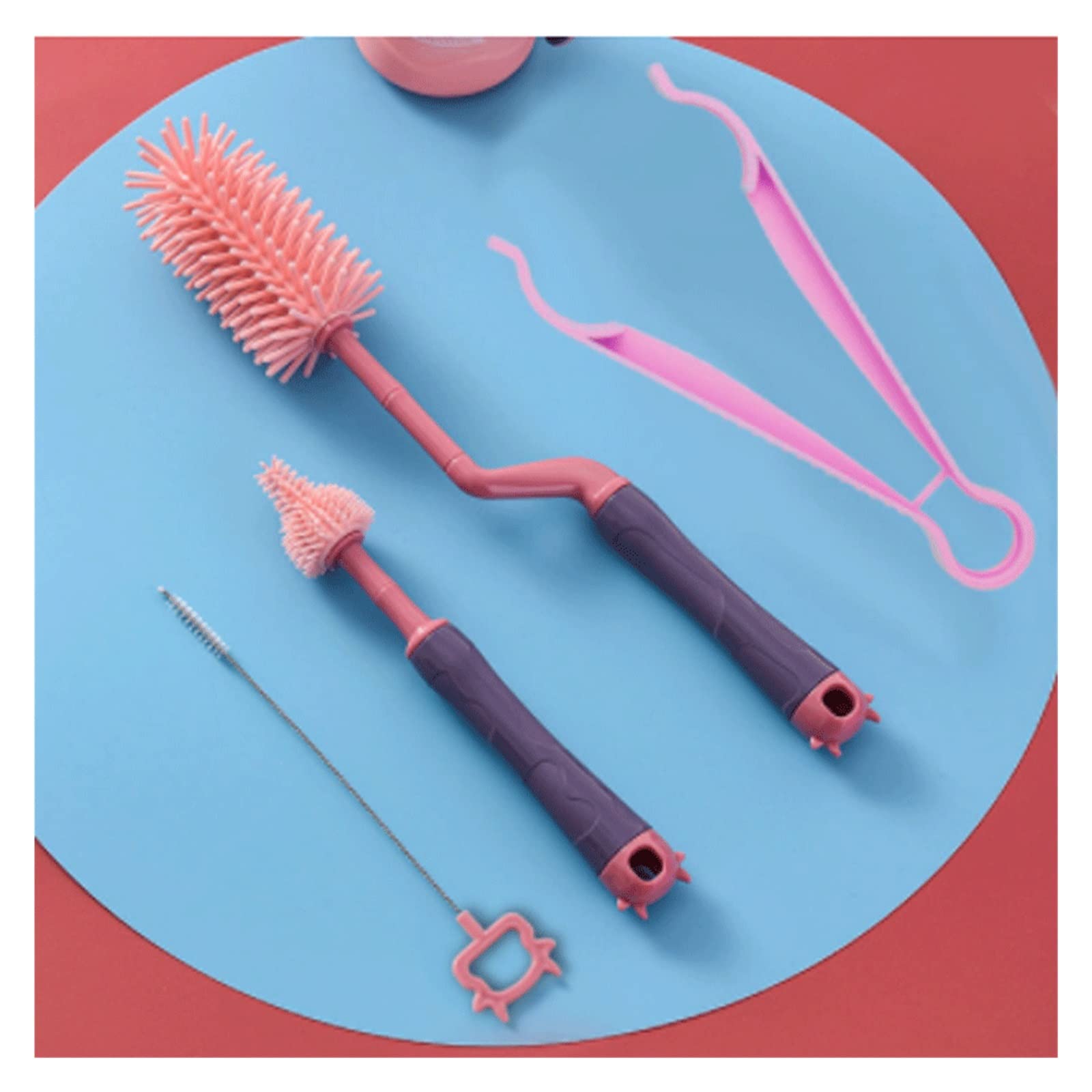 4-Piece Baby Bottle Cleaning Brush Set - Pacifier Brush, Rotary Bottle Brush & Heat-Resistant Tongs for Safe Sterilization | Perfect for Newborn Feeding Essentials & Dishwasher Safe