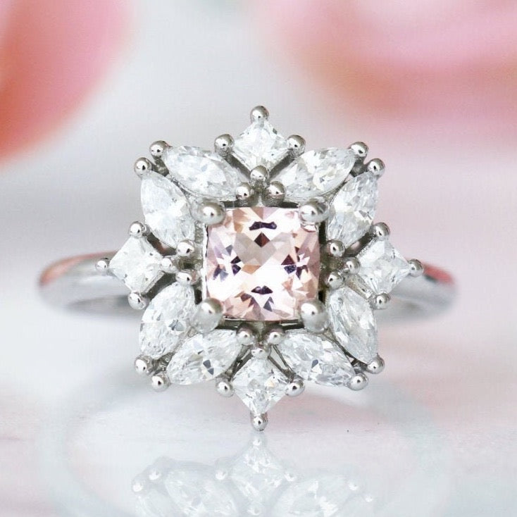 Magnolia Morganite Ring - Sterling Silver Rose Gold Plated, Dainty Floral Engagement Ring for Women, Perfect for Wedding, Anniversary & Valentine's Day Gifts