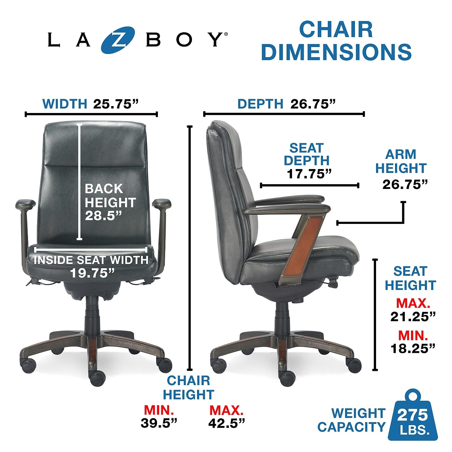 La-Z-Boy Dawson Modern Executive Office Chair - Adjustable High Back Ergonomic Computer Desk Chair with Lumbar Support - Black Bonded Leather with Wood Inlay - Perfect for Home Office, Gaming & Workspaces
