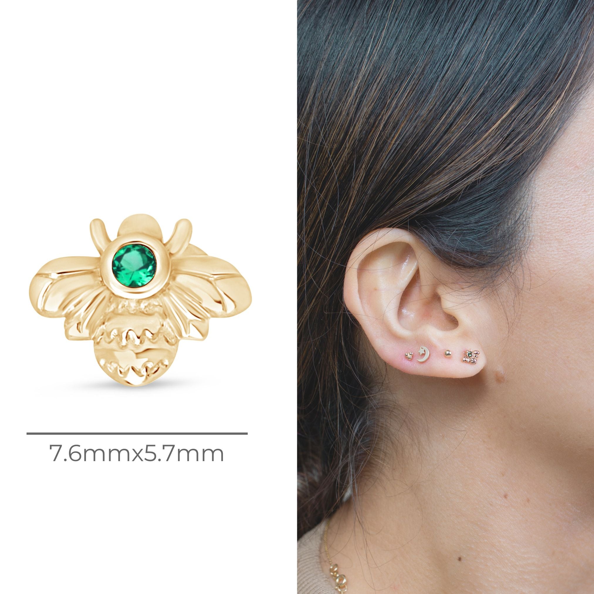14K Yellow Gold Emerald Bee Stud Earrings - Dainty Flat Back Earrings for Women - Perfect for Everyday Wear, Gifts & Special Occasions