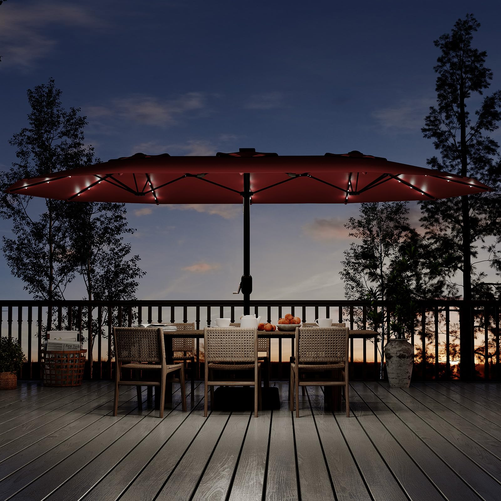GARVEE 15ft Solar Powered Patio Umbrella with 36 LED Lights - Double Sided Sun Shade & Heavy Duty Cross Base - Perfect for Poolside, Deck, Backyard, Garden, Outdoor Dining (Wine Red)