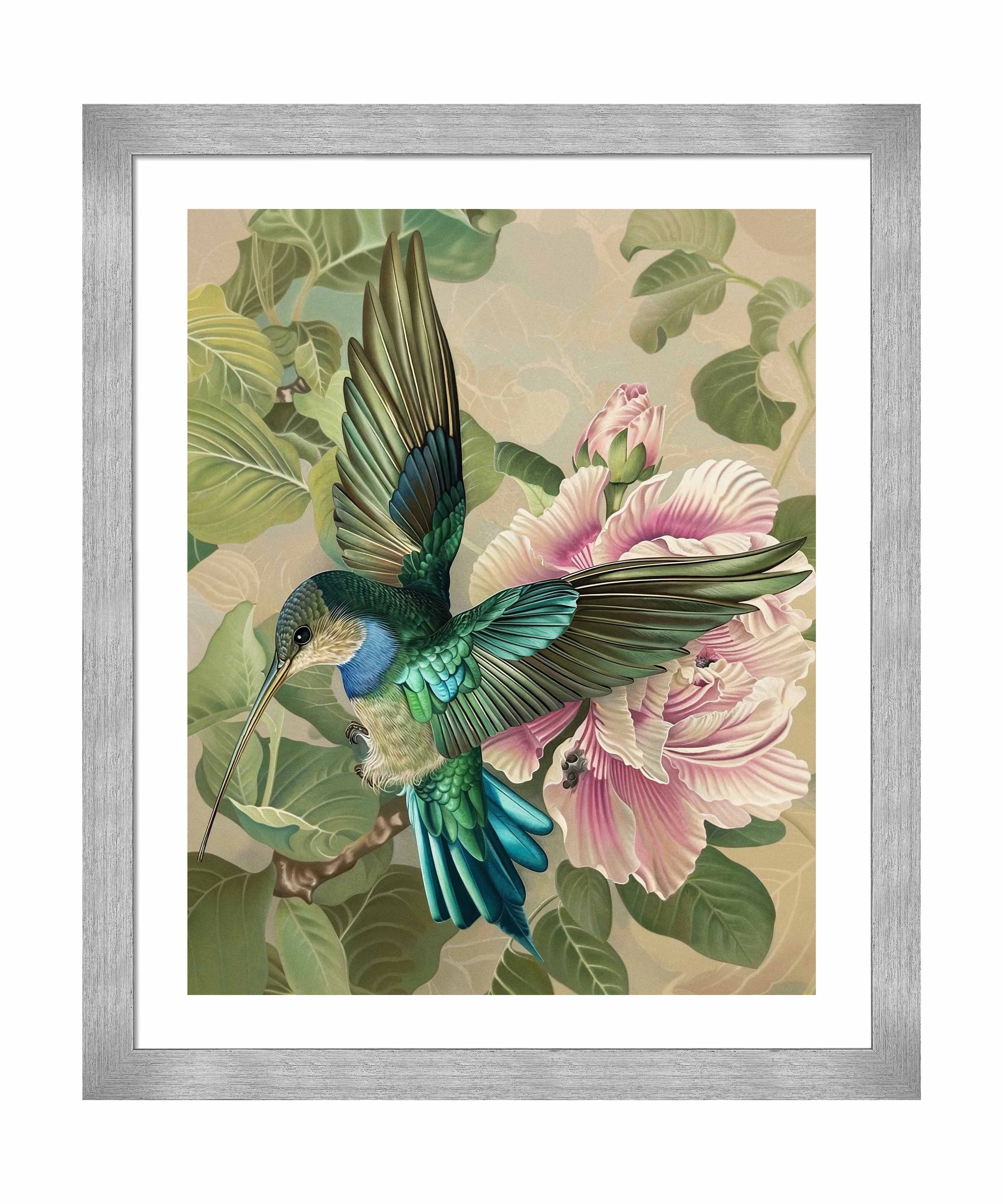Emerald Flight Hummingbird Among Hibiscus Wall Art Print - Vibrant Tropical Home Decor for Living Room, Bedroom & Office