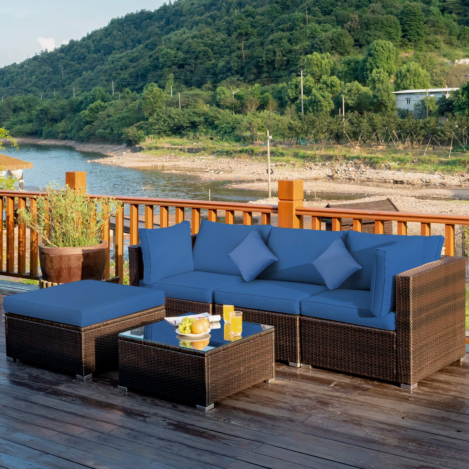 Tangkula 5-Piece Outdoor Patio Furniture Set - All-Weather Wicker Sectional Sofa with Cushions & Glass Table - Navy Blue Rattan Conversation Set for Backyard, Porch, Garden, Poolside & Deck Relaxation