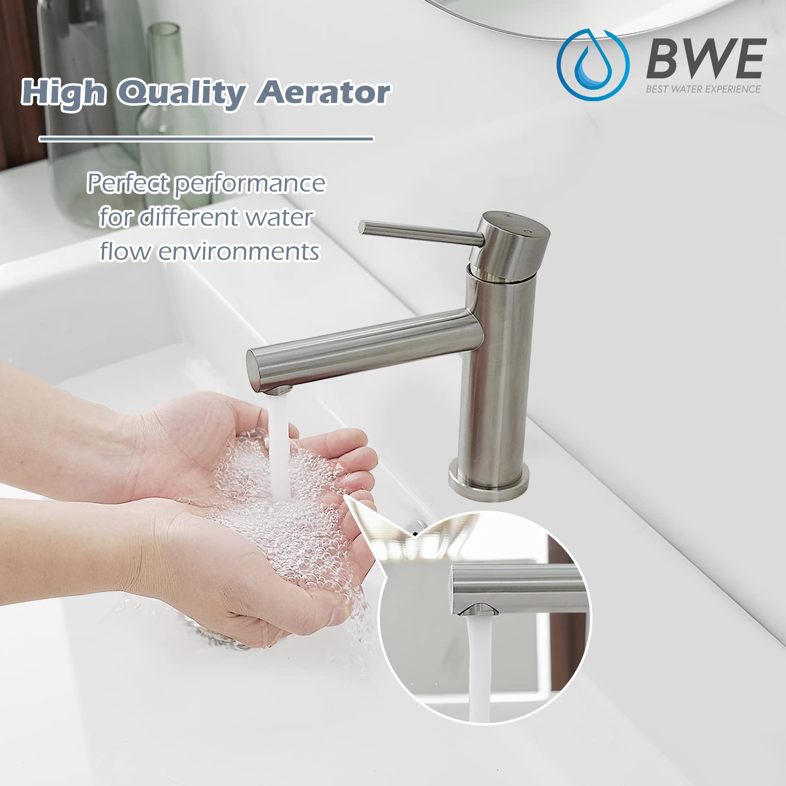 BWE Brushed Nickel Single Hole Bathroom Sink Faucet - Modern Water Saving Single Handle Lavatory Faucet with Pop-Up Drain & Supply Lines - Perfect for Vanity, Guest Bath & Powder Room Upgrades