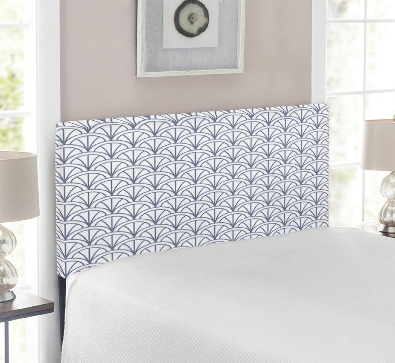 Ambesonne Geometric Upholstered Headboard - Traditional Japanese Seigaiha Wave Pattern with Memory Foam, Twin Size Bed Frame in Cadet Blue & White | Perfect for Modern & Asian-Themed Bedrooms