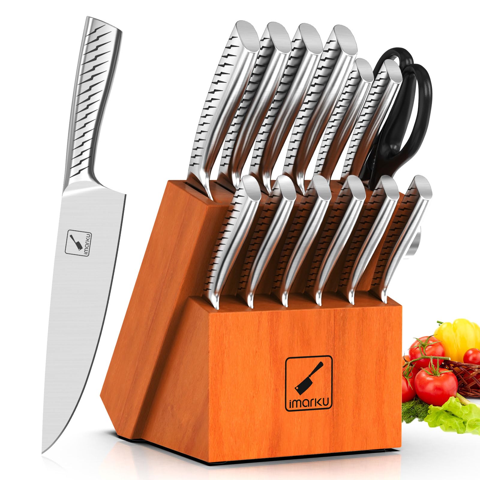 IMARKU 14-Piece Premium Kitchen Knife Set with Block & Sharpener - High Carbon Stainless Steel Knives for Cooking, Slicing & Chopping - Dishwasher Safe Silver Cutlery Set for Home Chefs & Professional Kitchens