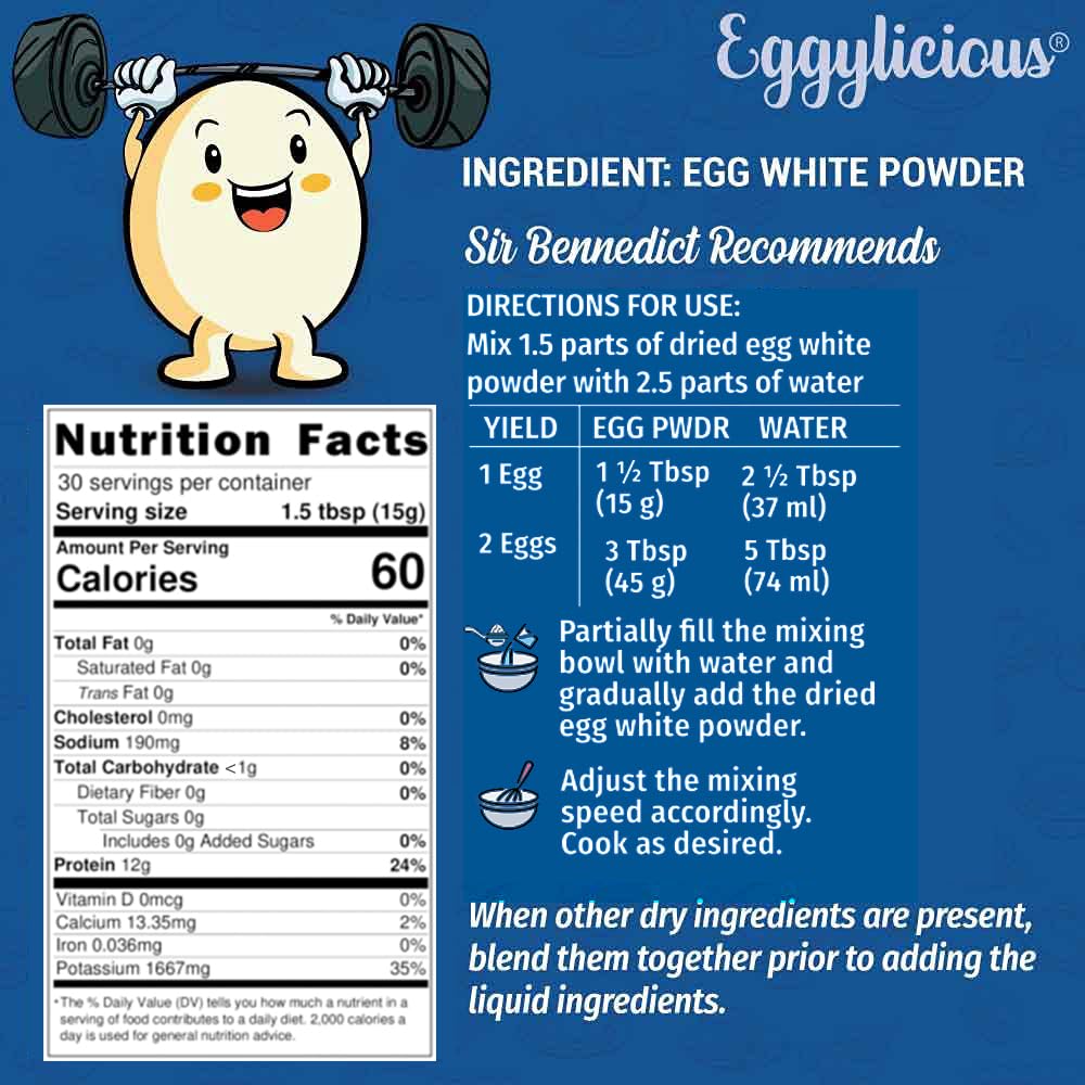 Eggylicious Pure Egg White Protein Powder (Albumin) - 1lb (16oz) | Non-GMO, Pasteurized, No Additives | Natural Dried Egg Whites for Baking, Icing, Protein Shakes & Cooking | High Protein Supplement for Fitness & Healthy Recipes