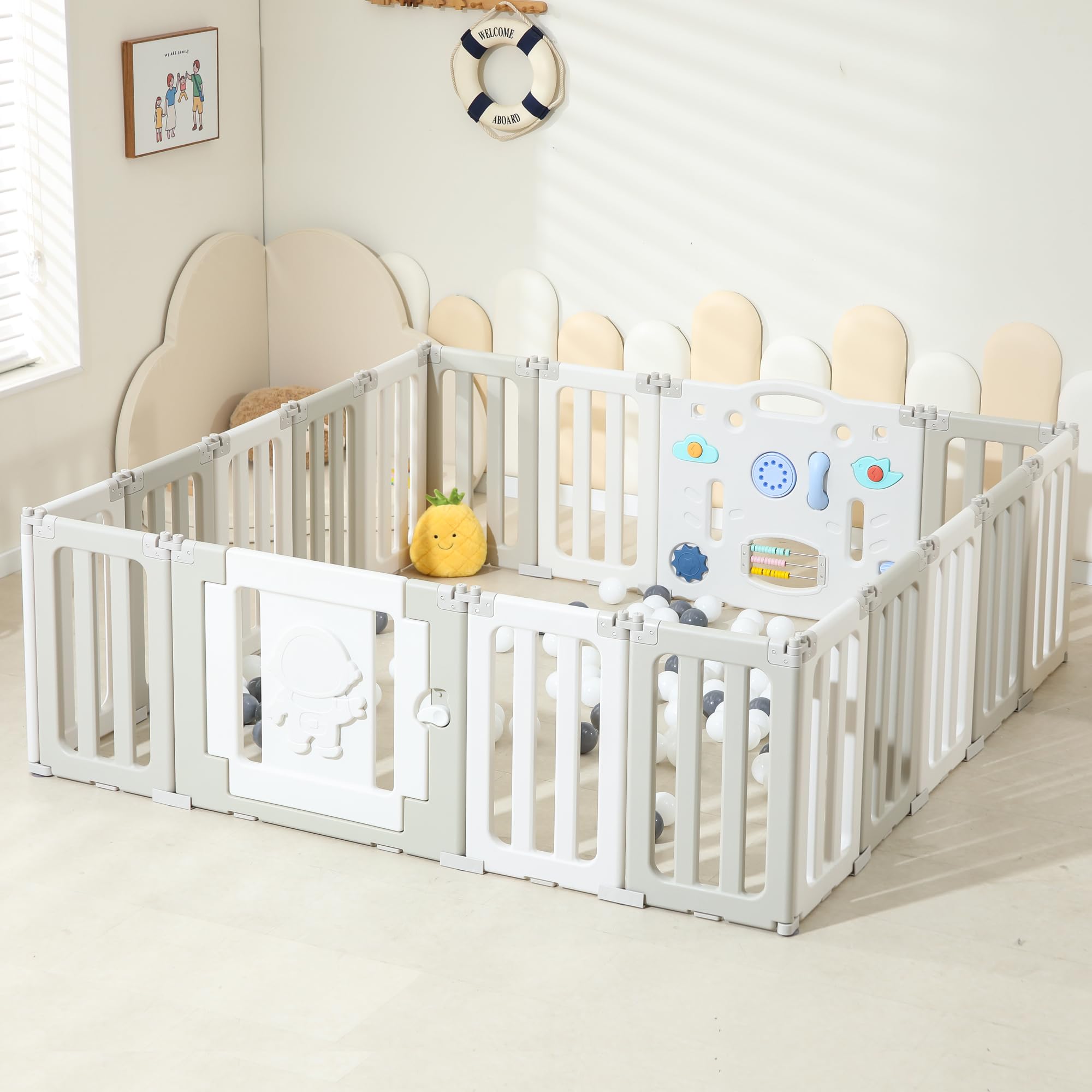 Foldable Baby Playpen - Extra Large 18-Panel Play Yard for Babies & Toddlers | Portable Playpen Fence with Astronaut Design | Indoor & Outdoor Safe Play Space for Crawling & Learning - Grey
