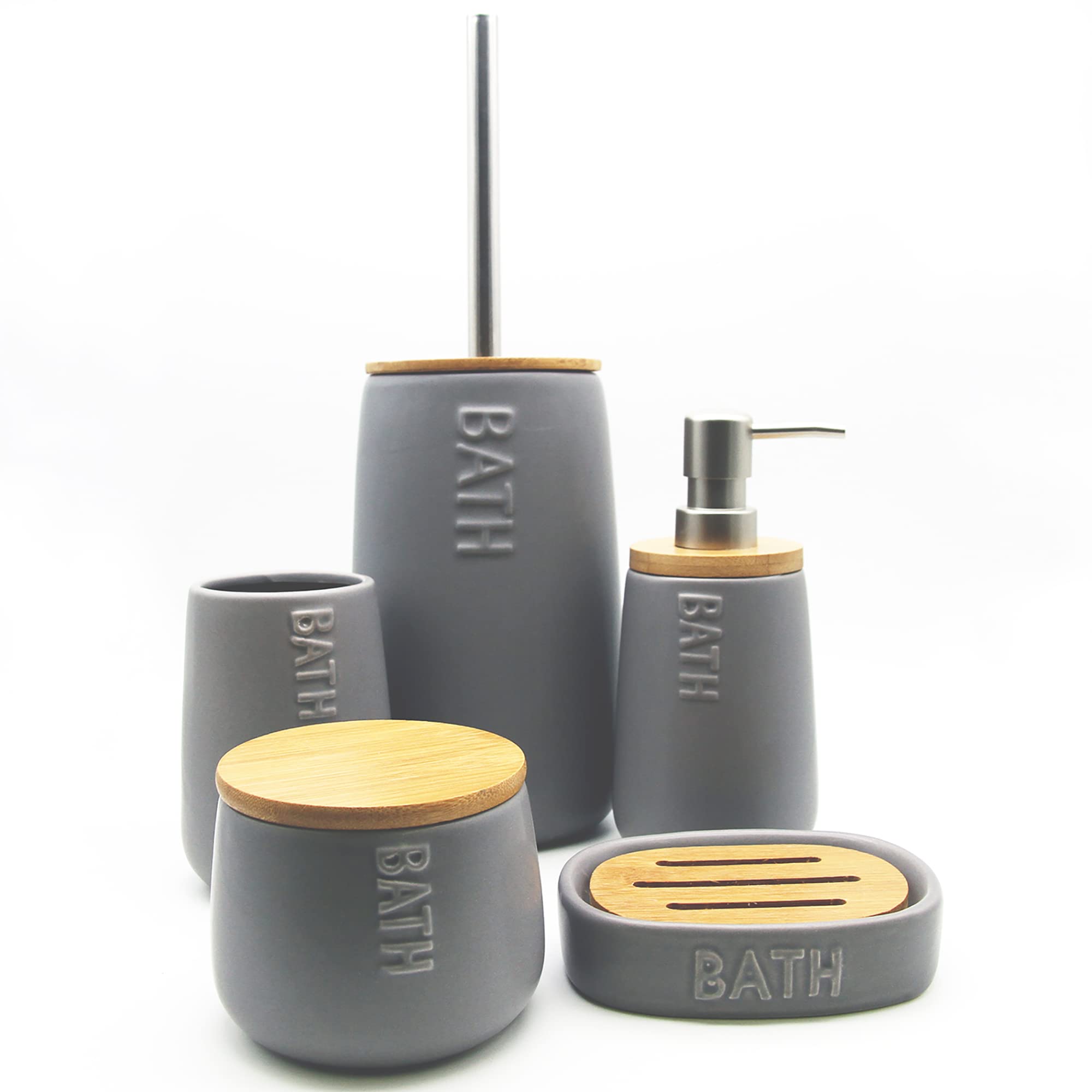 Bath D Soap Dish & Dispenser - Grey Bamboo Tray for Shower, Bathroom Countertop, and Spa Organization