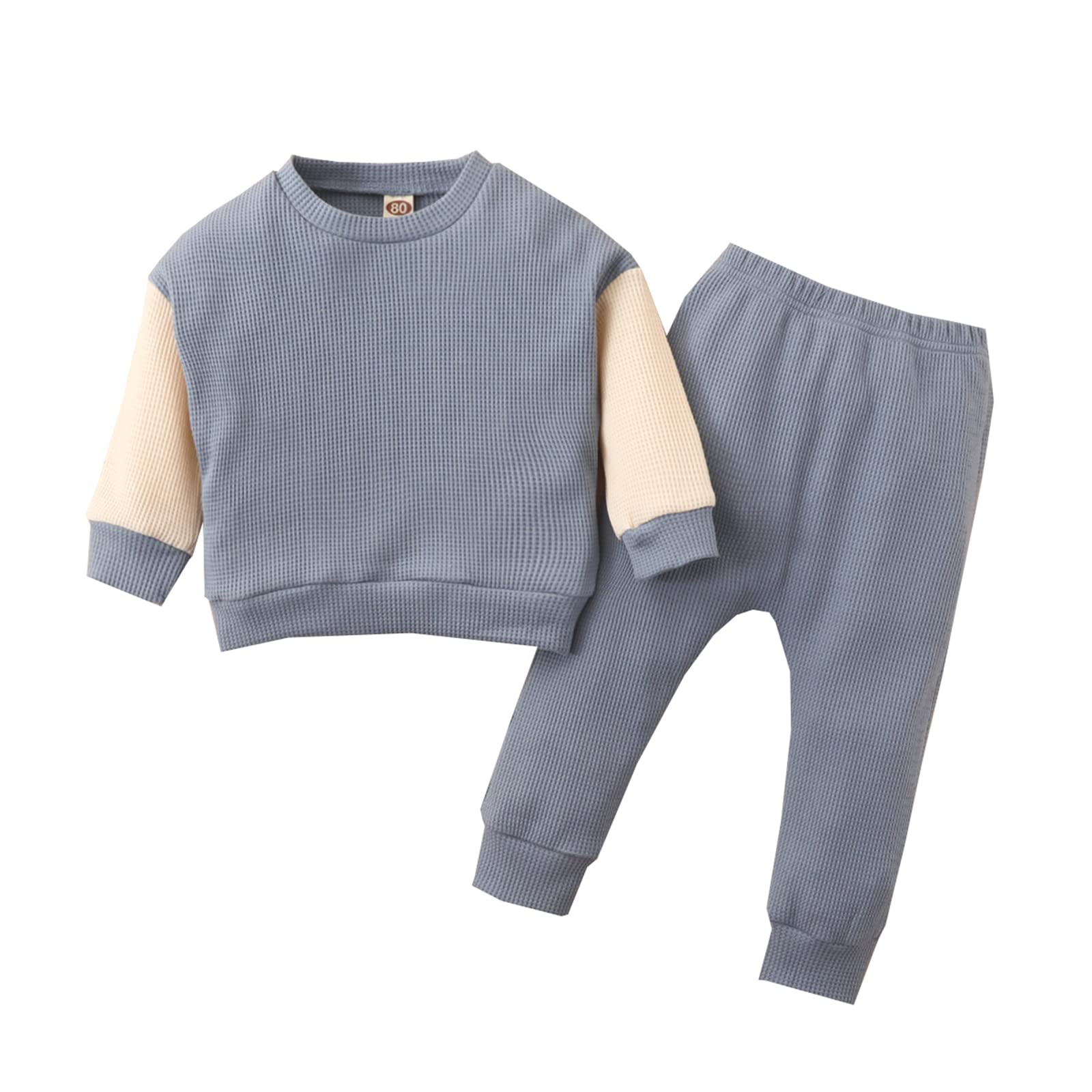 Toddler Baby Boy Girl Long Sleeve Waffle Pullover Sweatshirt & Pants 2-Piece Outfit Set - Soft Solid Color Cotton Clothes for Playtime, School & Family Photos