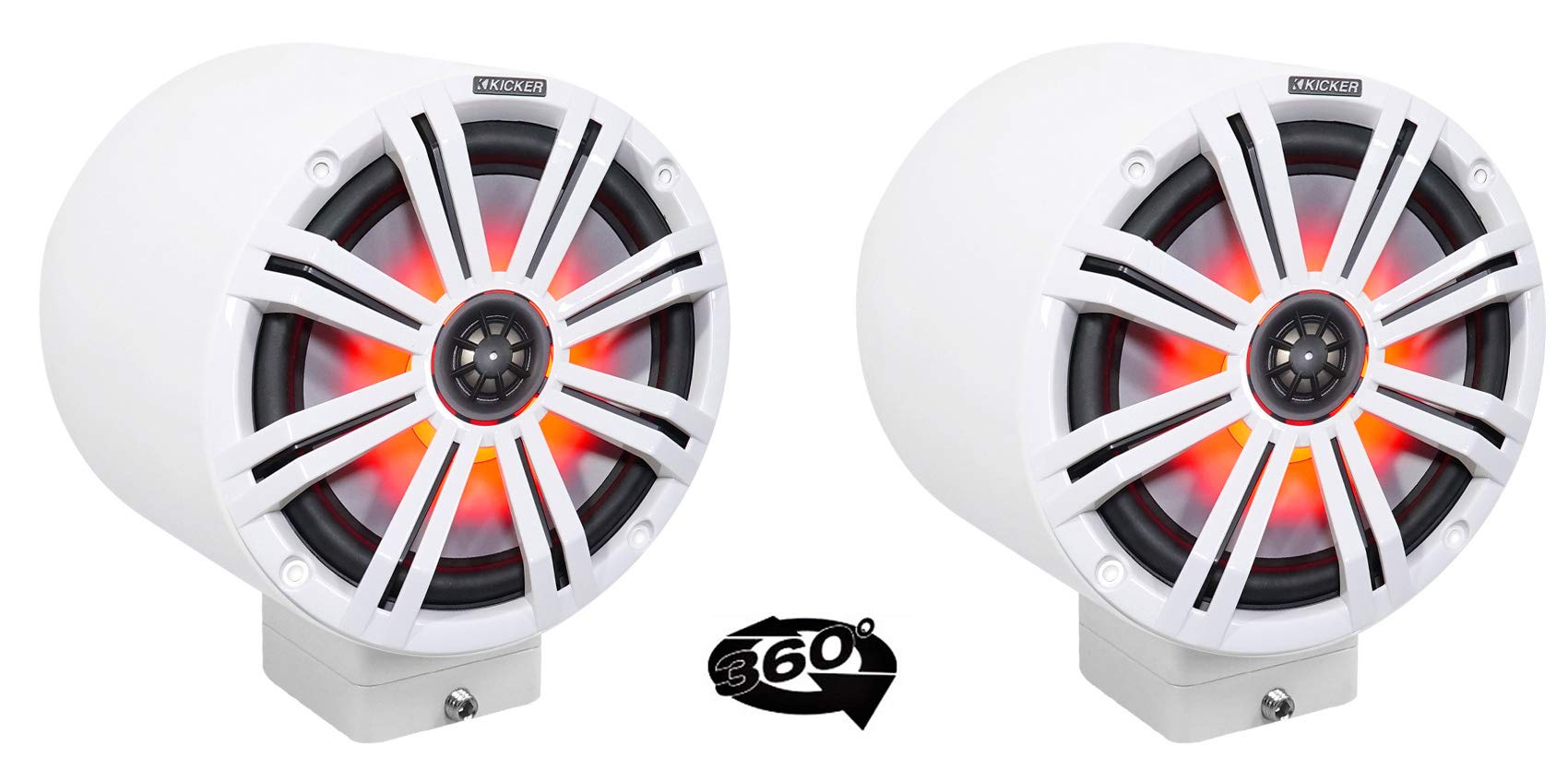 2 Pack Kicker KM8 8 Inch LED 360 Degree Swivel White Aluminum Marine Boat Speakers - Waterproof Surface Mount for Pontoon, Yacht & Deck Party Lighting
