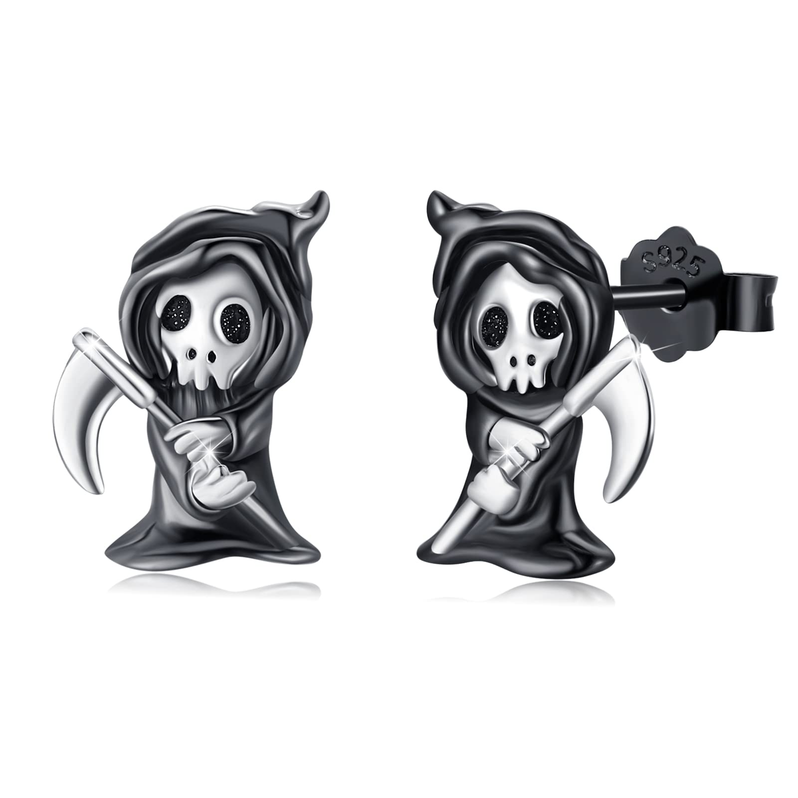 Grim Reaper Earrings - Sterling Silver Ghost Stud Earrings for Women | Gothic Devil Jewelry | Halloween Accessories | Skull Punk Fashion | Perfect for Cosplay, Goth Parties & Alternative Style
