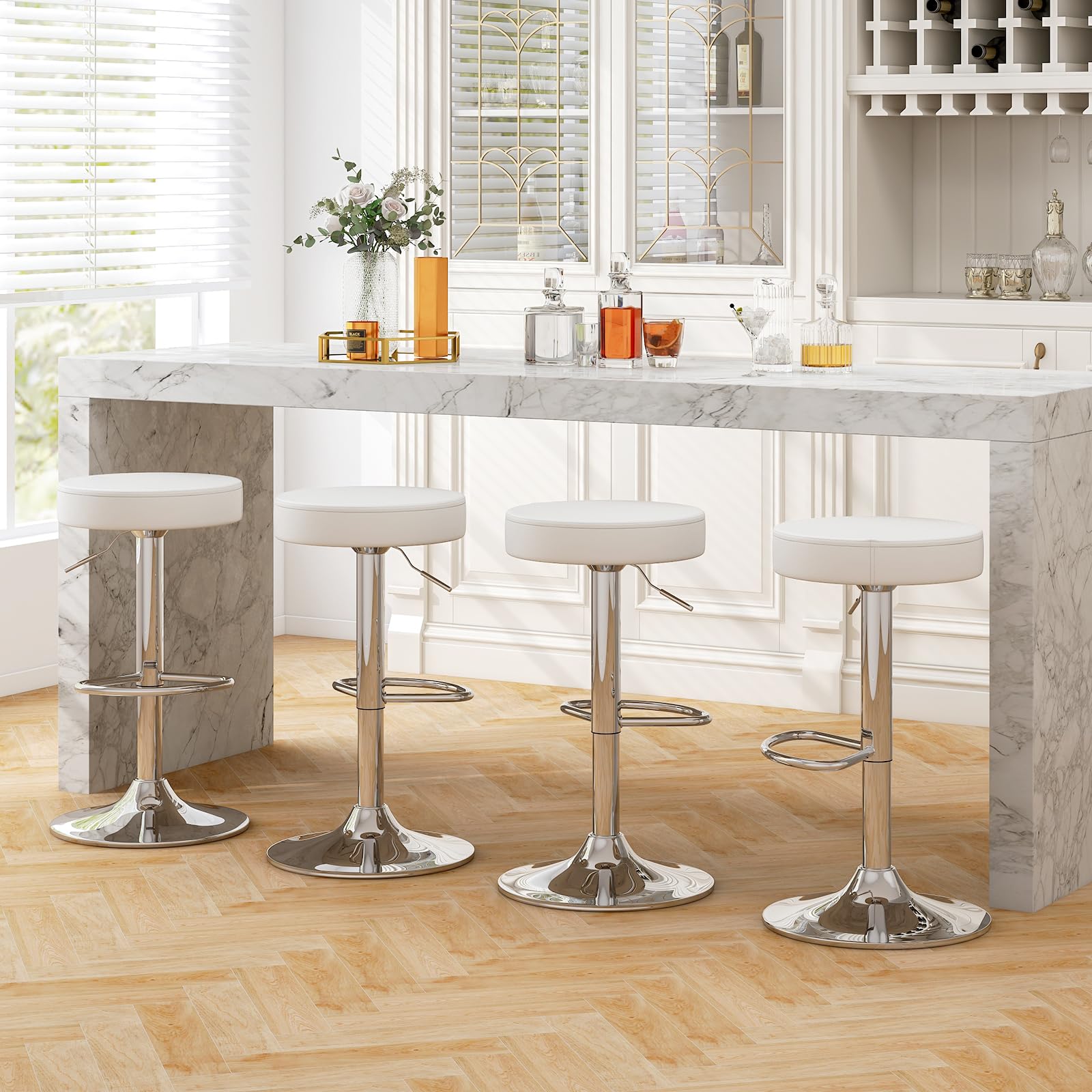 WATERJOY Adjustable Round Bar Stools Set of 2 - 360° Swivel PU Leather Bar Stools with Footrest for Kitchen Island, Breakfast Nook & Home Bar (Black)