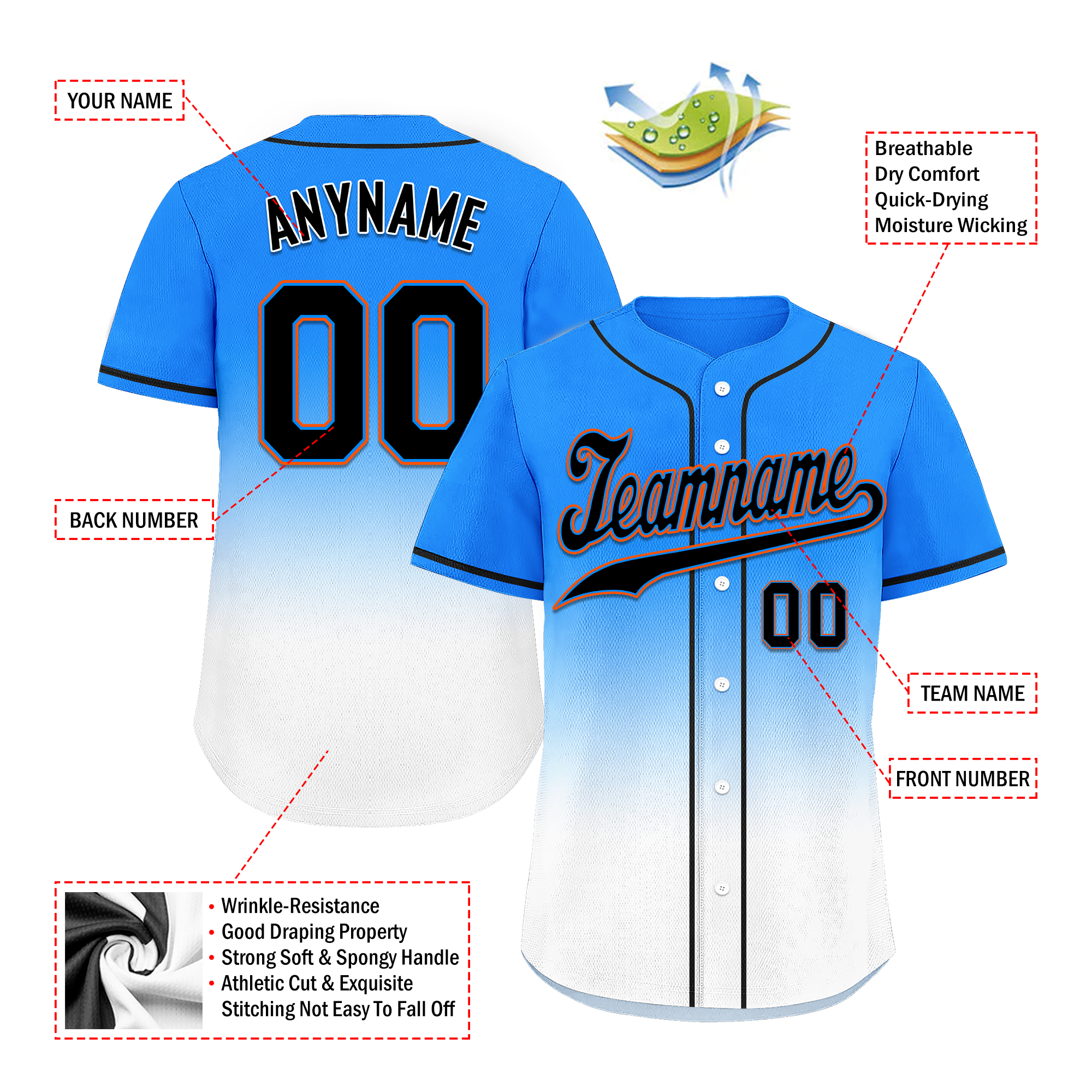 Custom Blue White Fade Personalized Baseball Jersey - Authentic Fashion Sports Wear for Men & Women | Perfect for Baseball Games, Team Uniforms, and Fan Apparel