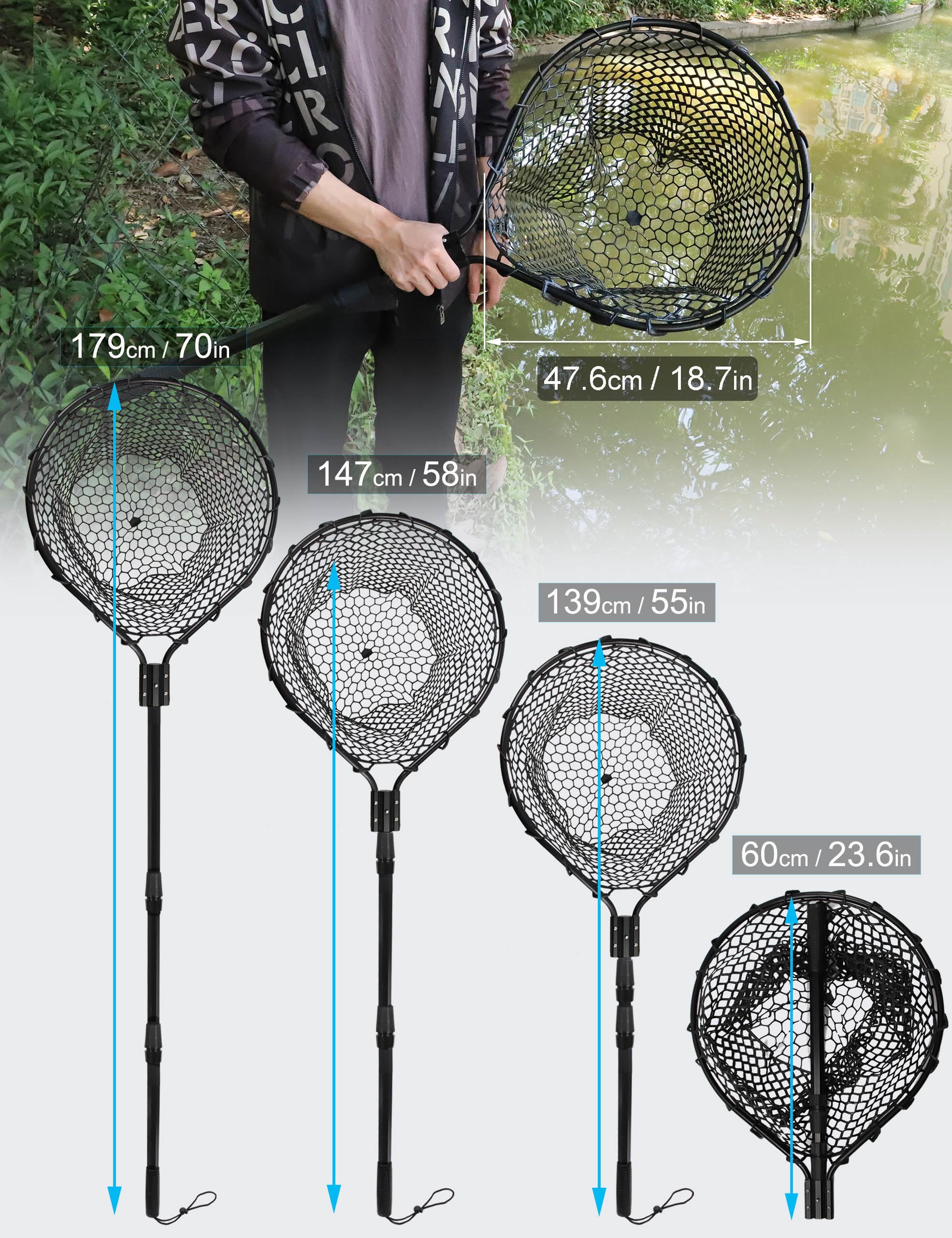**Heavy Duty Rubber Landing Net for Saltwater Fishing - Large Folding Retractable Kayak Fishing Net with Long Handle - Perfect for Kayak, Boat & Shore Fishing**
