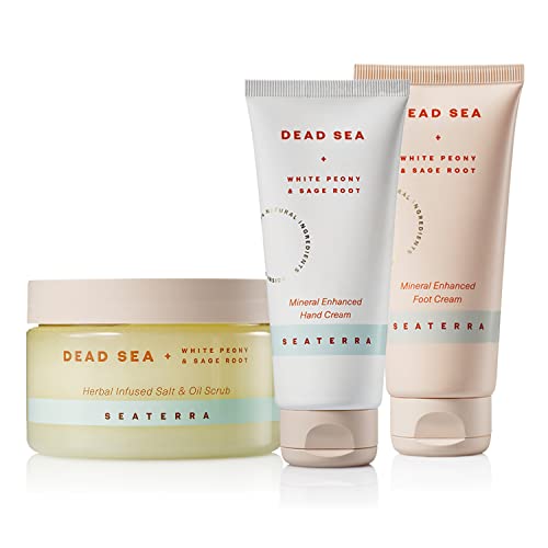 SEATERRA Mineral Enriched Foot Cream, Hand Cream & Body Scrub Set with Dead Sea Salt & Essential Oils - 3.4oz Moisturizing Creams & 14oz Exfoliating Scrub - Perfect for Dry Skin Care, Spa Treatment & Gift Sets