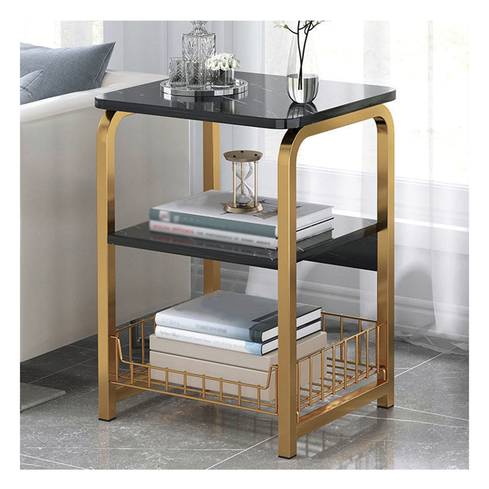 Modern Storage Cabinet with 1 Metal Basket Shelf - Fully Assembled Side Table for Sofa, Bedside, Living Room & Hallway | Double Layer Organizer for Phone, Books & Decor (Bedroom, Office, Dorm)