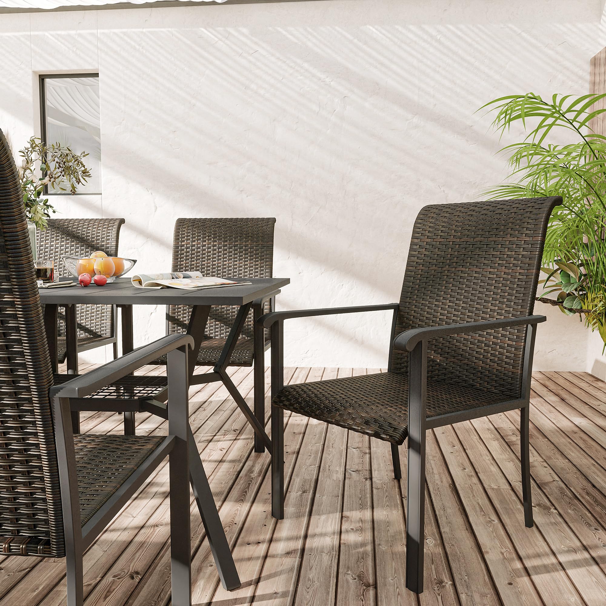 VICLLAX 2-Piece High Back Outdoor Rattan Dining Chairs Set with Armrests - Tightly Woven Wicker Patio Chairs in Grey Frame - Perfect for Backyard, Garden, and Poolside Dining