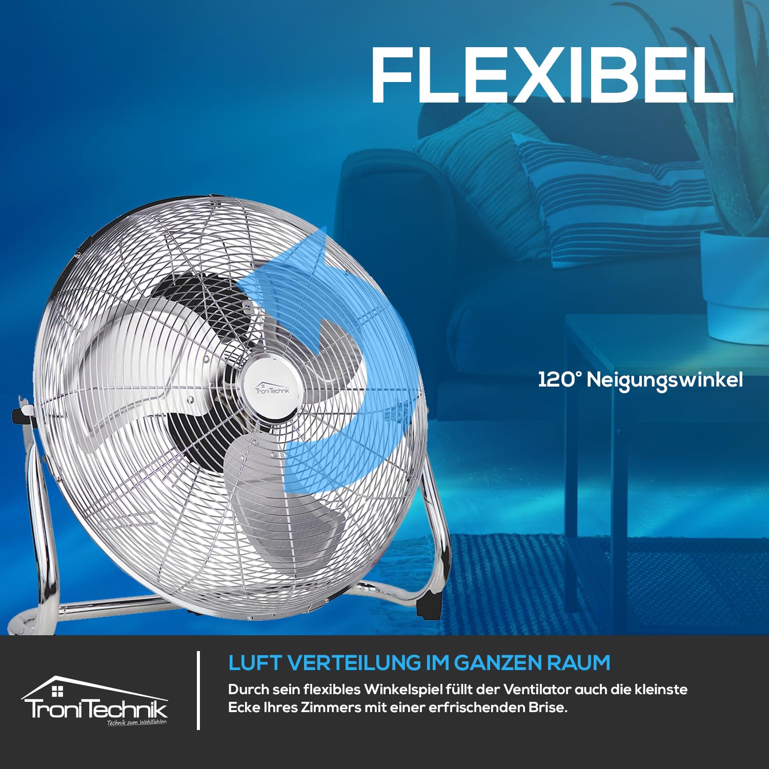 Tronitechnik® XL 45cm Floor Fan with Adjustable Angle & 3 Speed Levels - Powerful Metal Air Cooler for Home, Office, Bedroom & Living Room Cooling