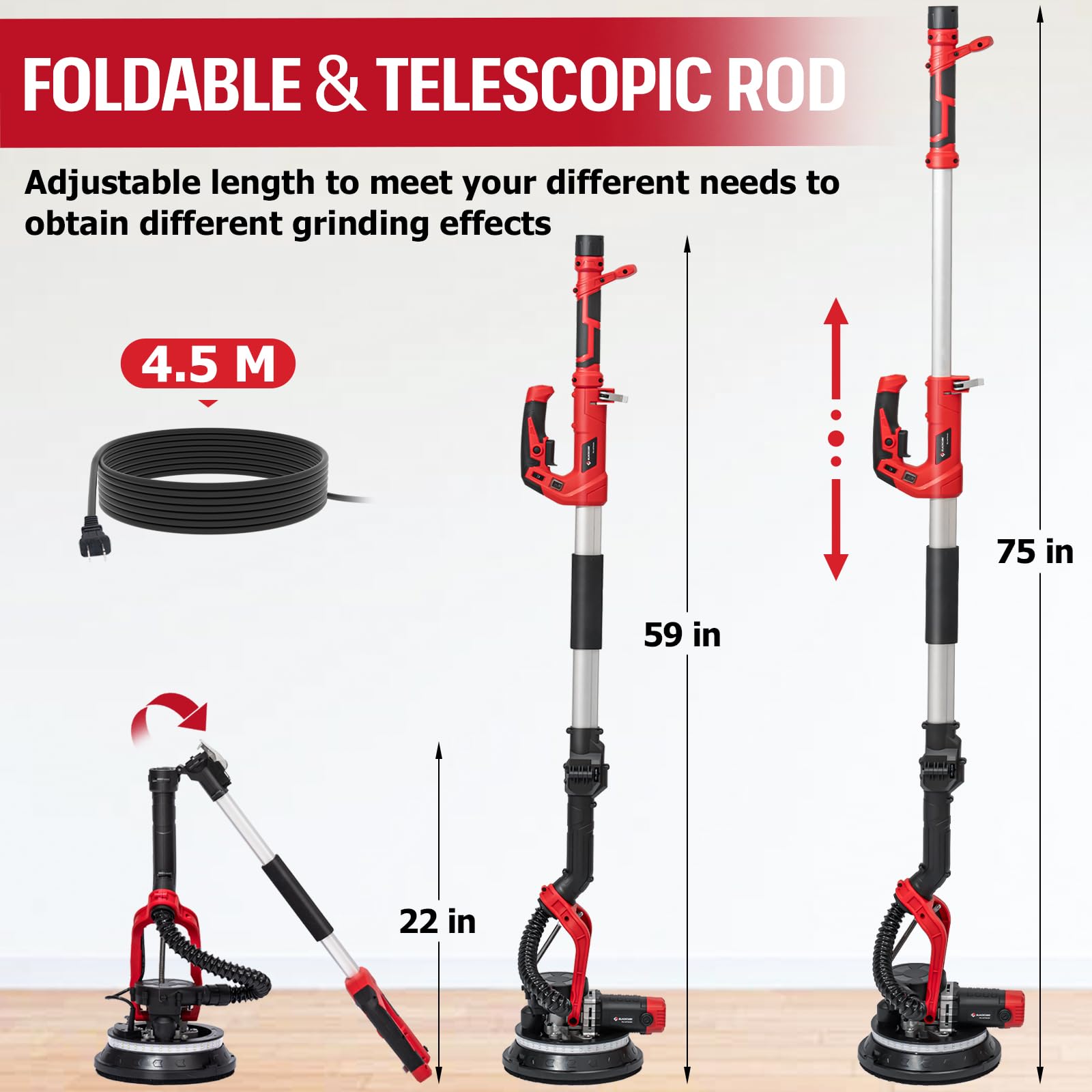 880W Electric Drywall Sander with Vacuum Dust Collection - Blackcube Popcorn Ceiling Removal Tool, 5 Variable Speed (1000-2100 RPM), LED Lights & 14 Sanding Discs - Perfect for Drywall Repair, Ceiling Texturing and DIY Home Renovation Projects