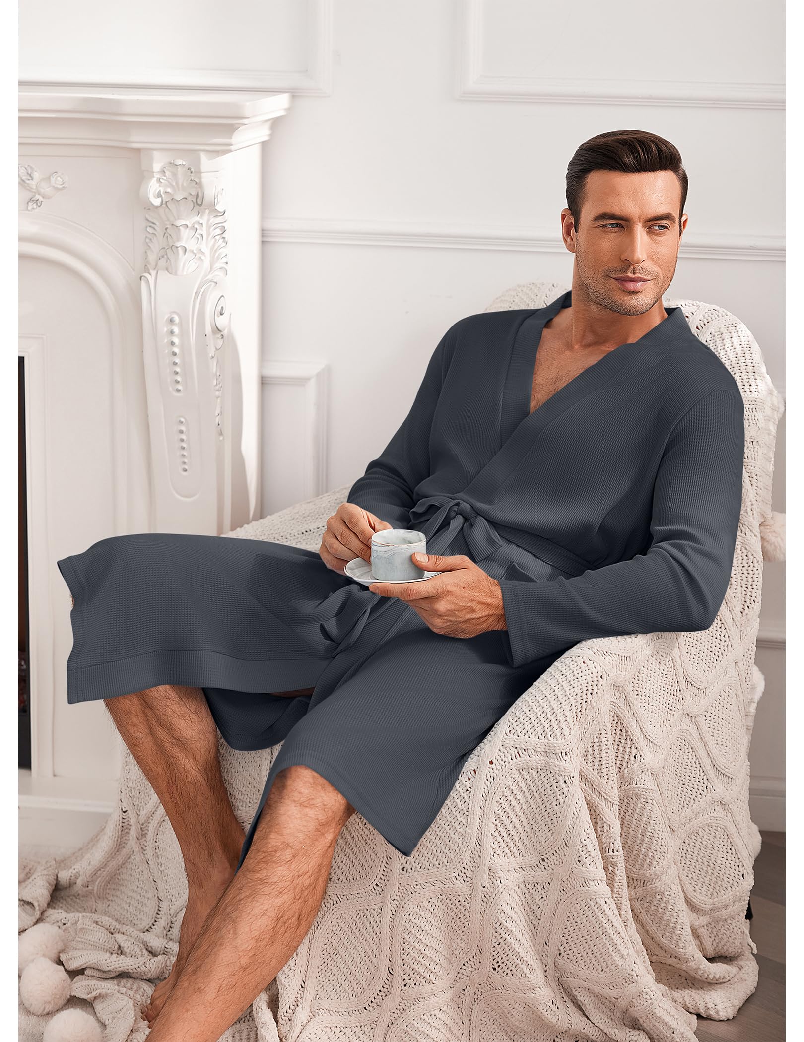 Ekouaer Men's Lightweight Waffle Knit Bathrobe - Soft Kimono Spa Robe with Pockets, V-Neck Long Sleeve Sleepwear for Shower, Lounge & Relaxation at Home