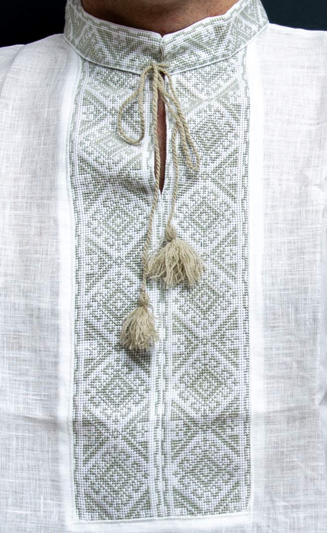 Authentic Ukrainian Vyshyvanka - Slavic Traditional Hand Embroidered Linen Shirt for Men, White Olive (Medium) - Perfect for Cultural Events, Weddings & Folk Festivals