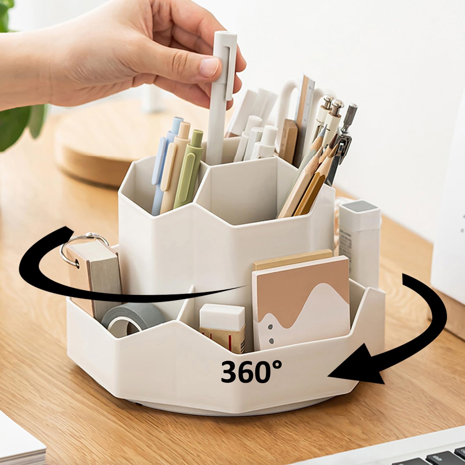 360° Rotating 9-Slot Pencil Pen Holder for Desk - Beige Office & Home Organizer for Stationery, Art Supplies | Perfect for School, Work & Crafting