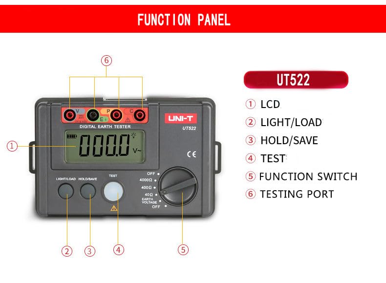 UT522 Digital Earth Resistance Tester - 0-4000Ω Resistance & 0-400V Voltage Measurement (50Hz/60Hz) - 4000 Count LCD Display - Perfect for Electrical Grounding Testing, Industrial Maintenance, and Power System Safety Inspections