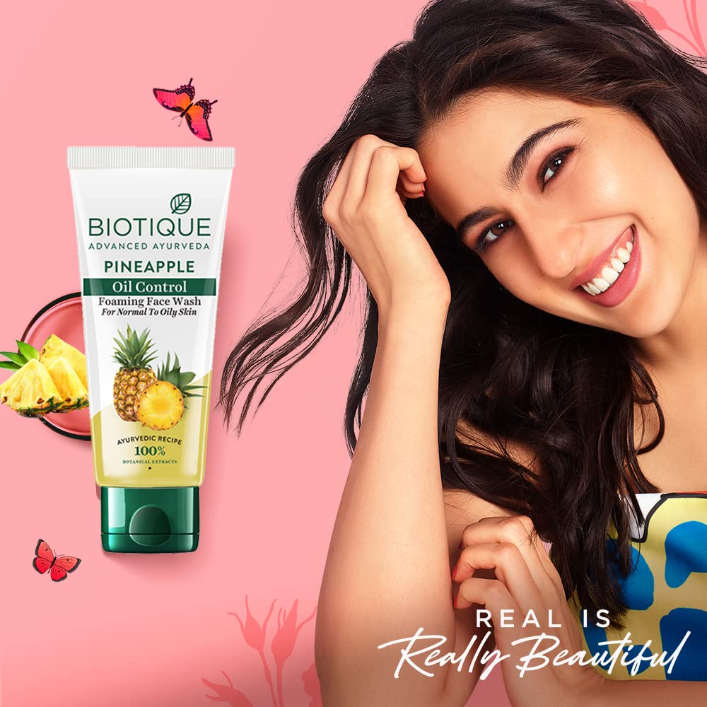 Biotique Pineapple Oil Control Foaming Face Wash for Oily & Dry Skin - Hydrating, Oil-Free, Even Skin Tone with 100% Natural Botanical Extracts - 150ml - Perfect for Daily Cleansing & Acne-Prone Skin Care Routine