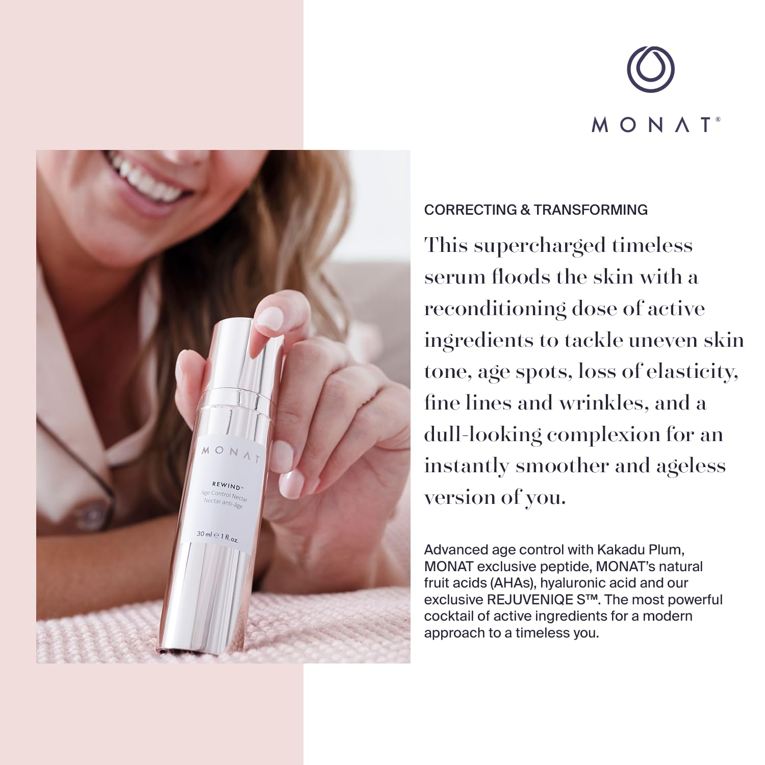 MONAT Rewind Age Control Nectar - Fast Absorbing Hydrating Face Serum with Hyaluronic Acid & Natural AHA | Anti-Aging Skin Perfecting Treatment | Corrects Fine Lines & Wrinkles | 30ml/1 fl oz | Perfect for Daily Skincare Routine & Nighttime Anti-Aging Regimen