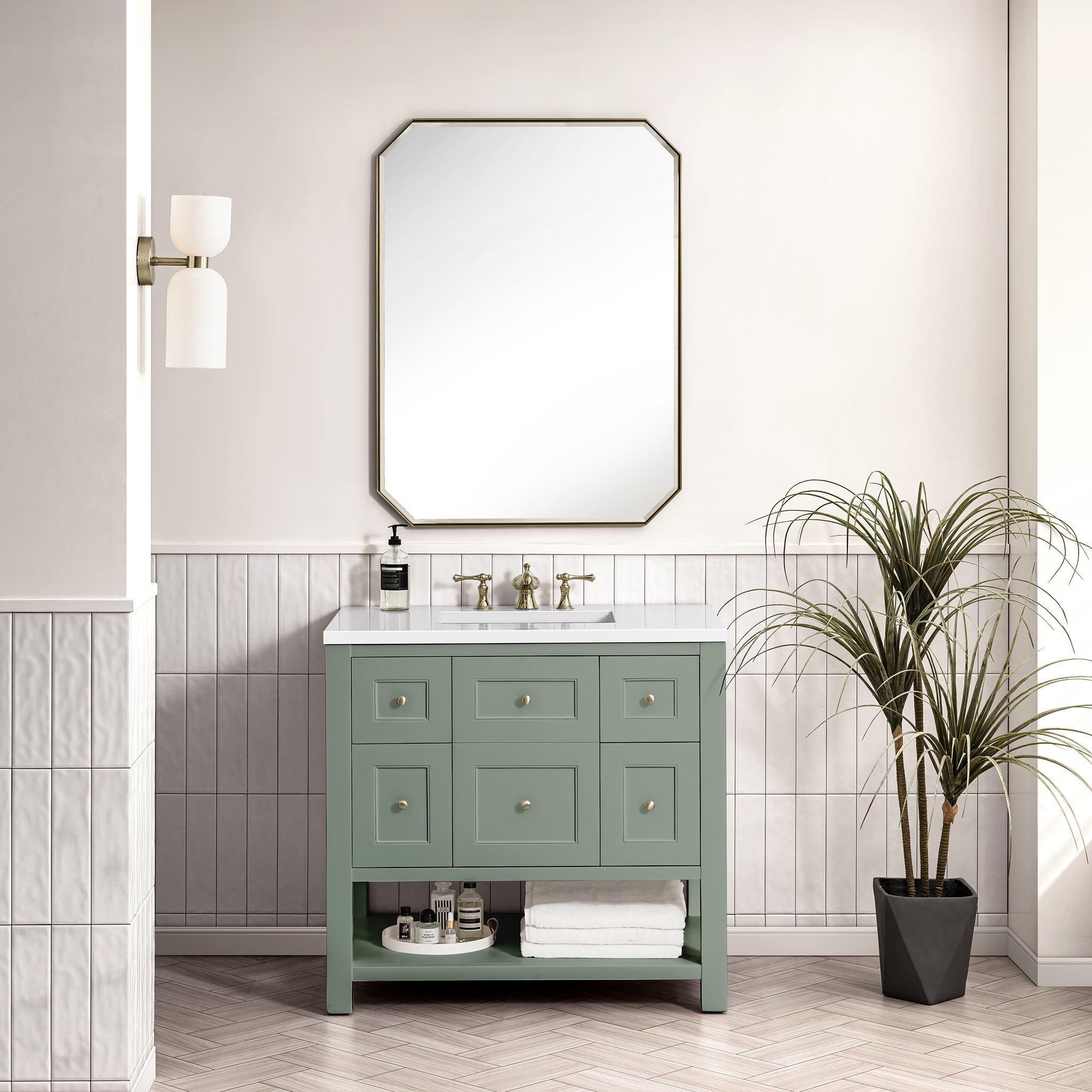 Breckenridge 36 Inch Single Bathroom Vanity with Smokey Celadon Finish & 3CM White Zeus Countertop - Perfect for Modern Home Bathroom Remodeling and Small Space Design