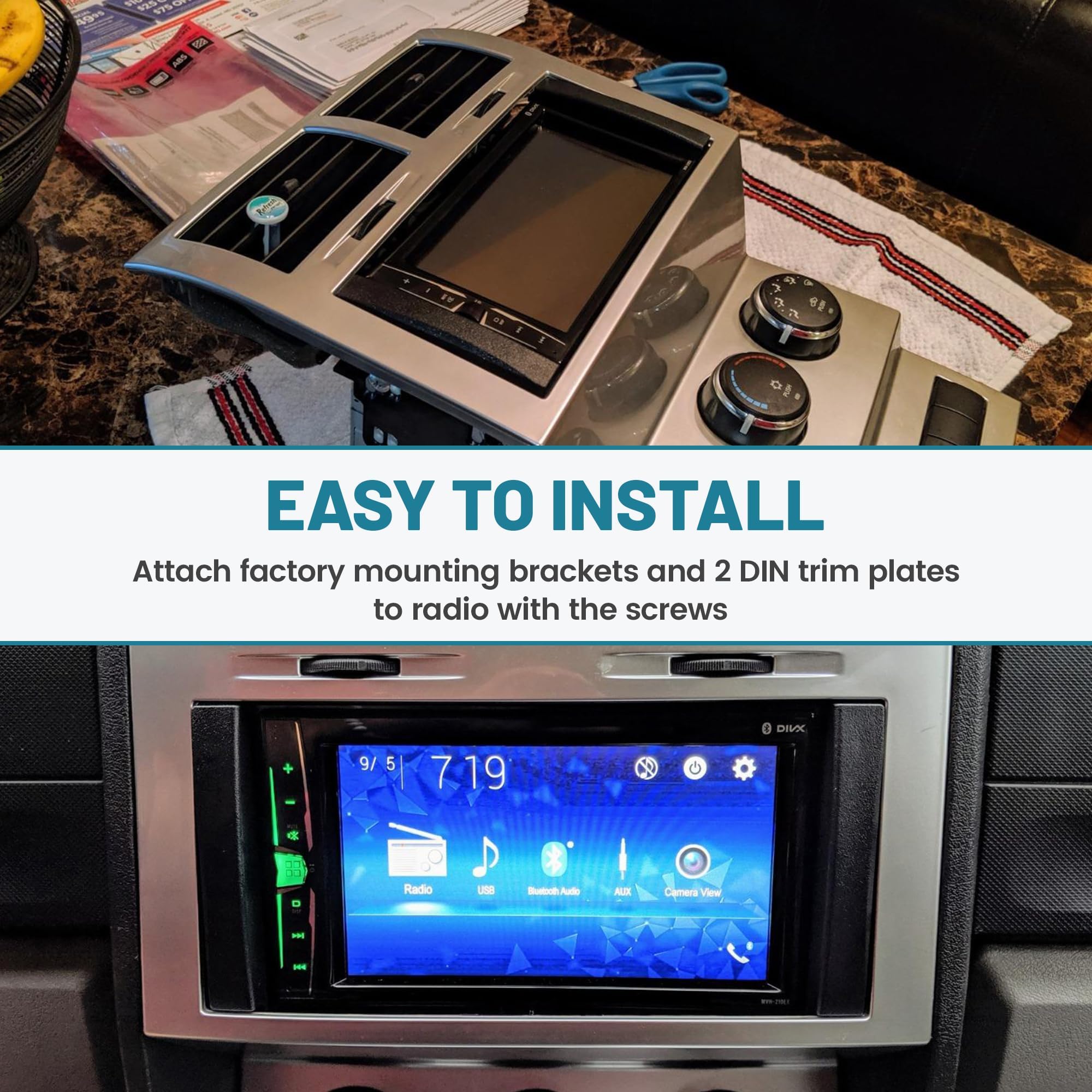 Double DIN Radio Dash Kit for 2007-2016 Chrysler Town & Country Sebring/Dodge Ram Challenger Grand Caravan/Jeep Compass Wrangler - 2 Din Car Stereo Installation Kit & Bracket - Perfect for Upgrading Your Vehicle's Audio System