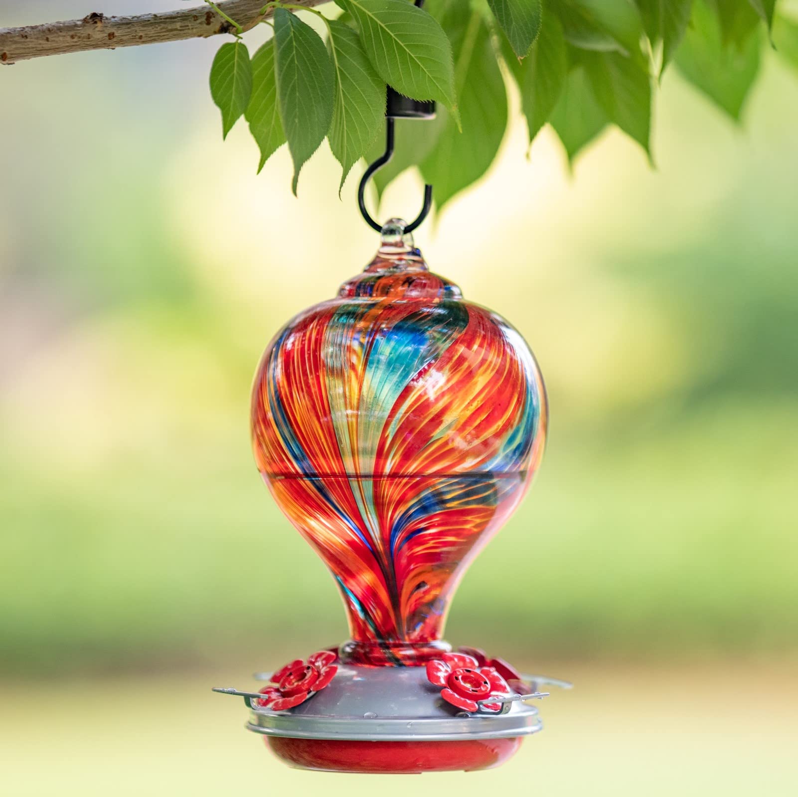 Premium Blown Glass Hummingbird Feeder - 32OZ Capacity with Vibrant Mexican Stripes Design for Garden & Backyard Decor | Attract Hummingbirds with This Elegant Muse Garden Feeder | Perfect for Outdoor Patio, Porch, and Bird Watching Enthusiasts