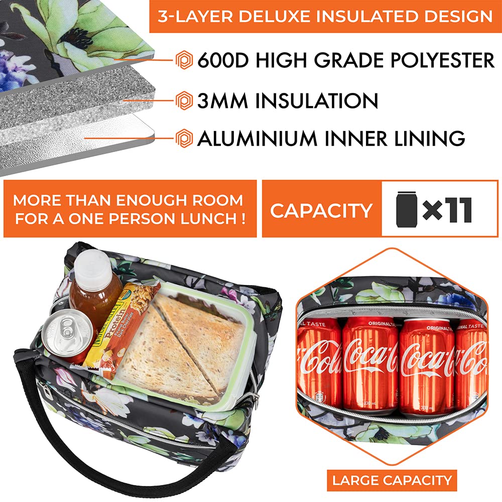 OPUX Insulated Lunch Bag for Women & Girls - Reusable Cooler Tote for Work, School, Travel & Picnic - Small Food Container Holds 11 Cans - Floral Gray Lunch Box | Perfect for Office Meals, Student Lunches & Outdoor Adventures