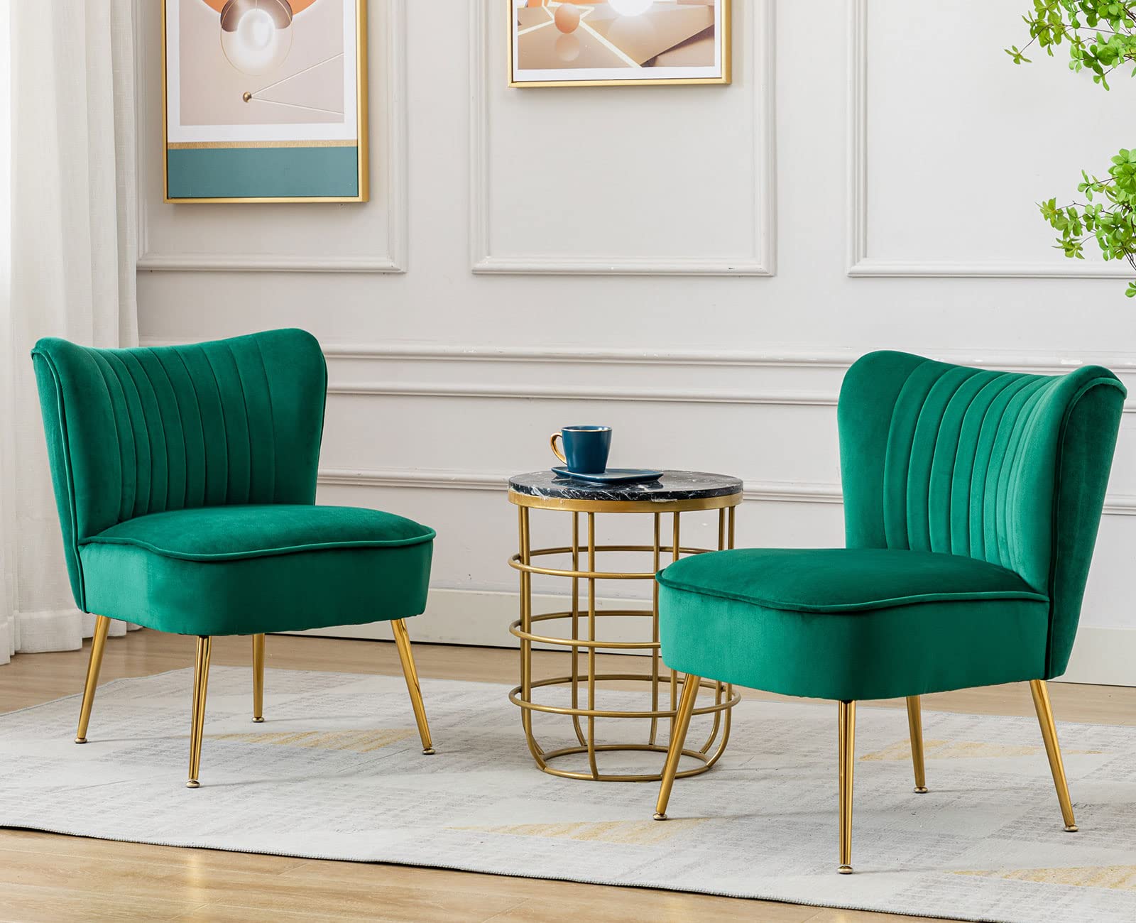 Velvet Accent Chairs Set of 2 - Mid-Century Modern Upholstered Side Chairs with Golden Legs, Comfy Armless Wingback Sofa for Living Room, Guest Room & Bedroom - Green Velvet Fabric for Elegant Home Decor