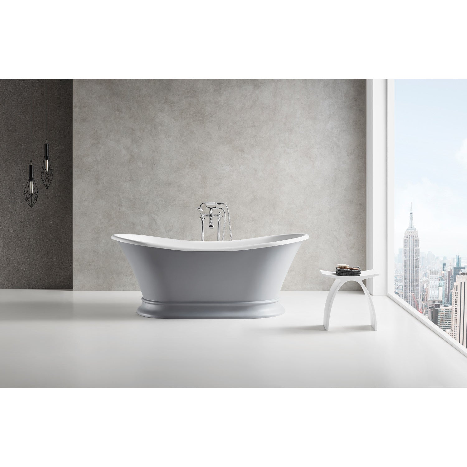 Arcticstone 68 Inch Solid Surface Oval Double Slipper Pedestal Bathtub - Matte Gray/Glossy White Freestanding Soaking Tub with Drain (No Faucet Holes) | Perfect for Luxury Bathrooms, Spa Retreats & Master Suite Relaxation