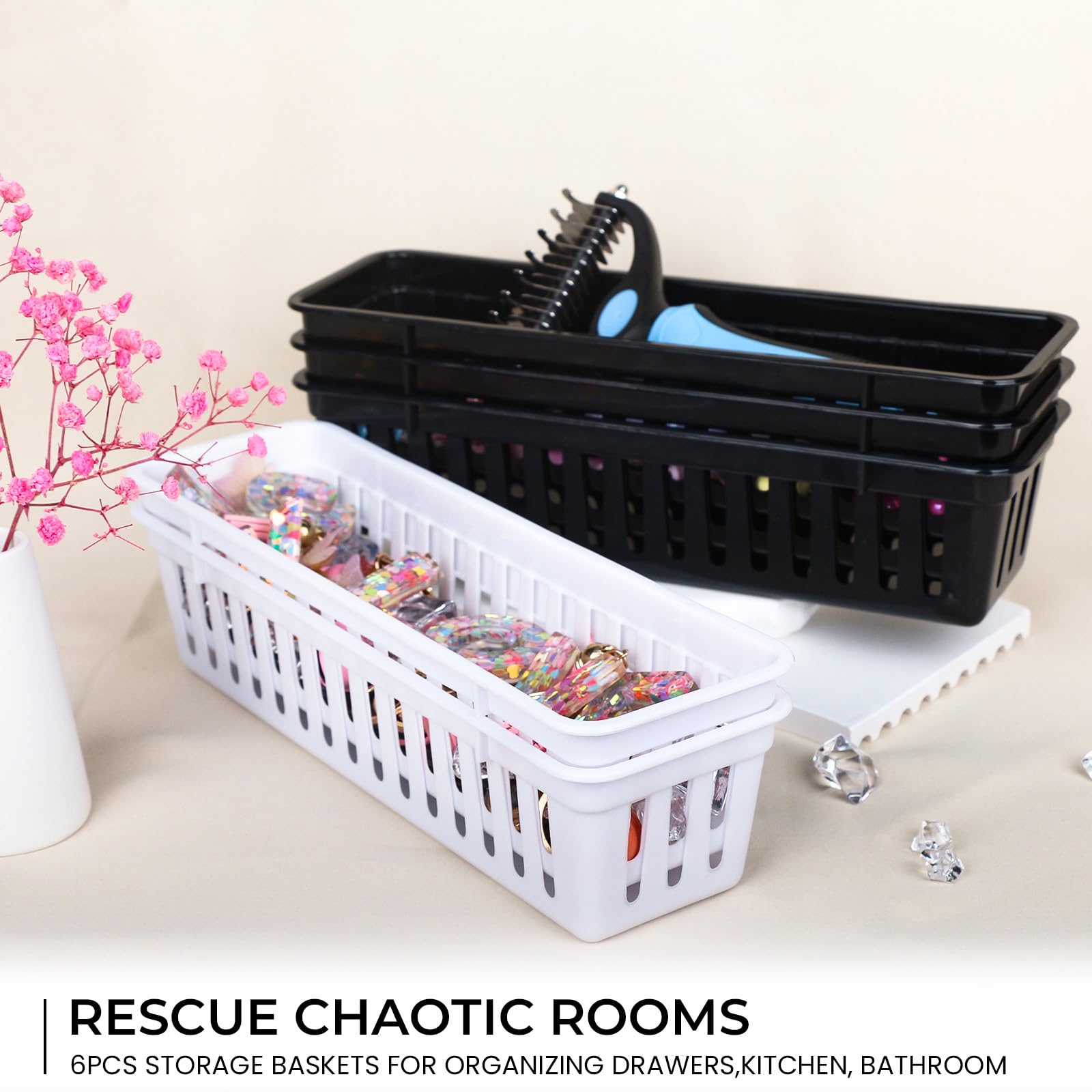 6PCS Stackable Storage Baskets & Drawer Organizers - Slim Plastic Container Trays for Desk, Vanity, Bedroom, Bathroom, Kitchen & Garage - Space-Saving Home Organization Solution (Black) - Perfect for Clutter-Free Drawers, Shelves and Countertops