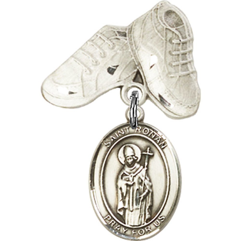Sterling Silver Baby Badge with St. Ronan Charm & Baby Boots Pin - 1 X 5/8 Inch - Perfect for Christening Gifts, Baby Showers & Newborn Keepsakes