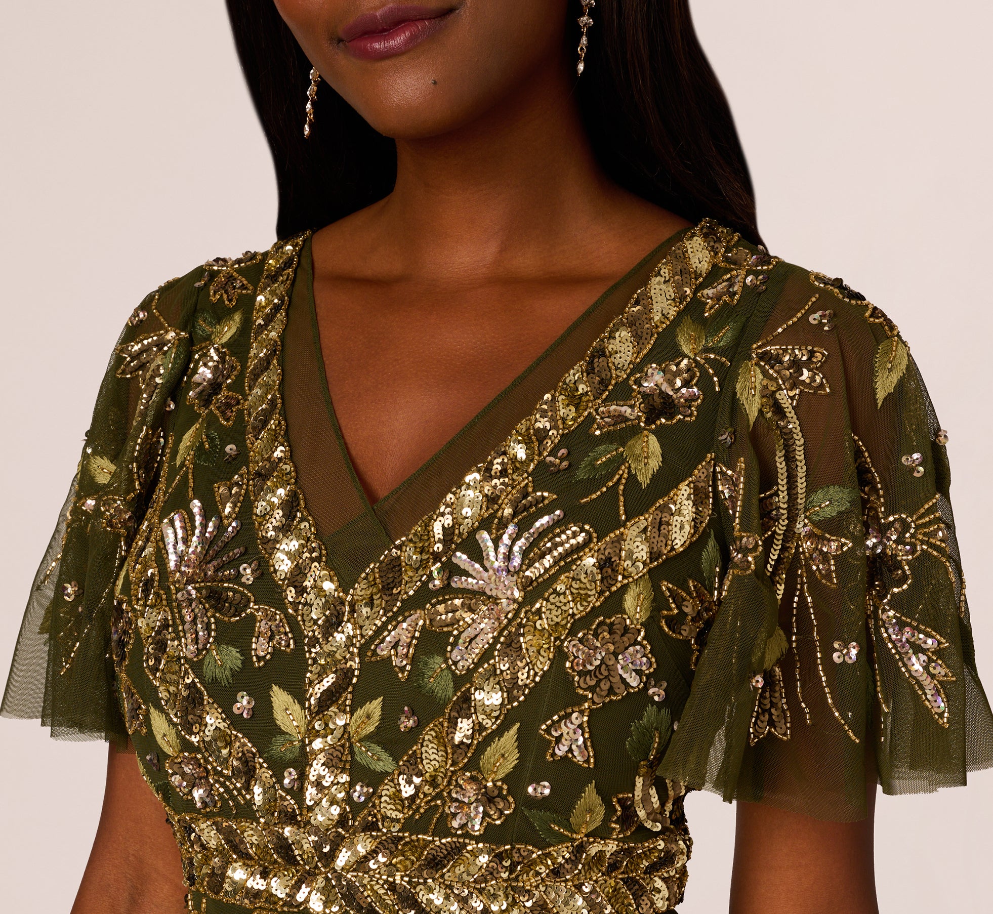 Sequin Beaded Ankle Length Dress With Flutter Sleeves in Olive Green - Perfect for Evening Parties, Cocktail Events & Special Occasions