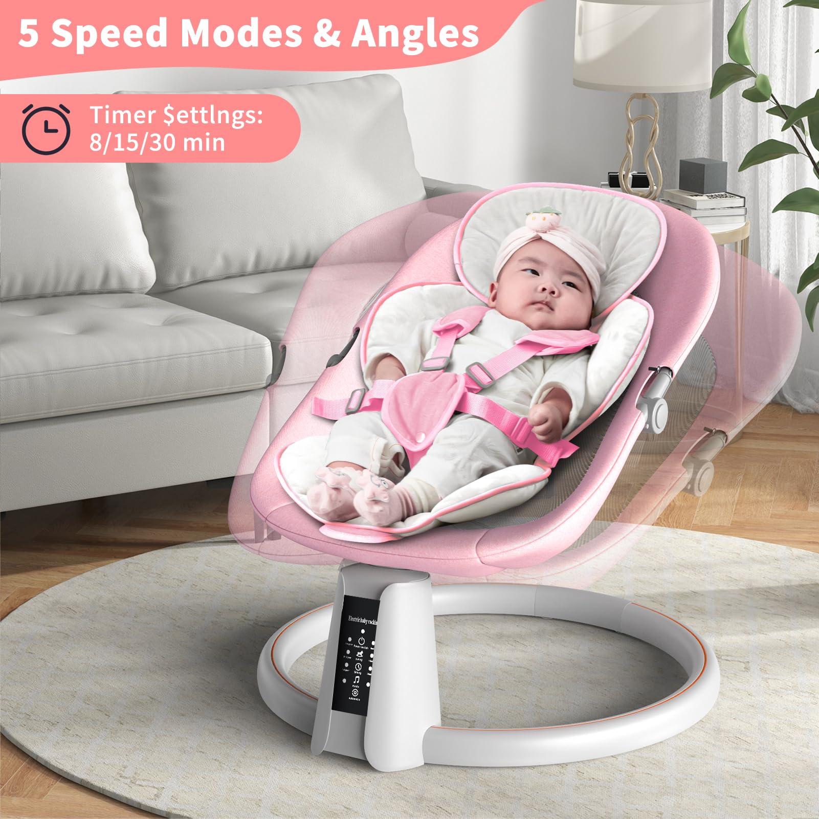 **Baby Swing with Bluetooth & Music Speaker - 5 Speed Adjustable, Remote Control, 12 Lullabies - Portable Electric Infant Swing for Indoor & Outdoor Use (Pink) - Perfect for Nursery, Travel & Soothing Fussy Babies**