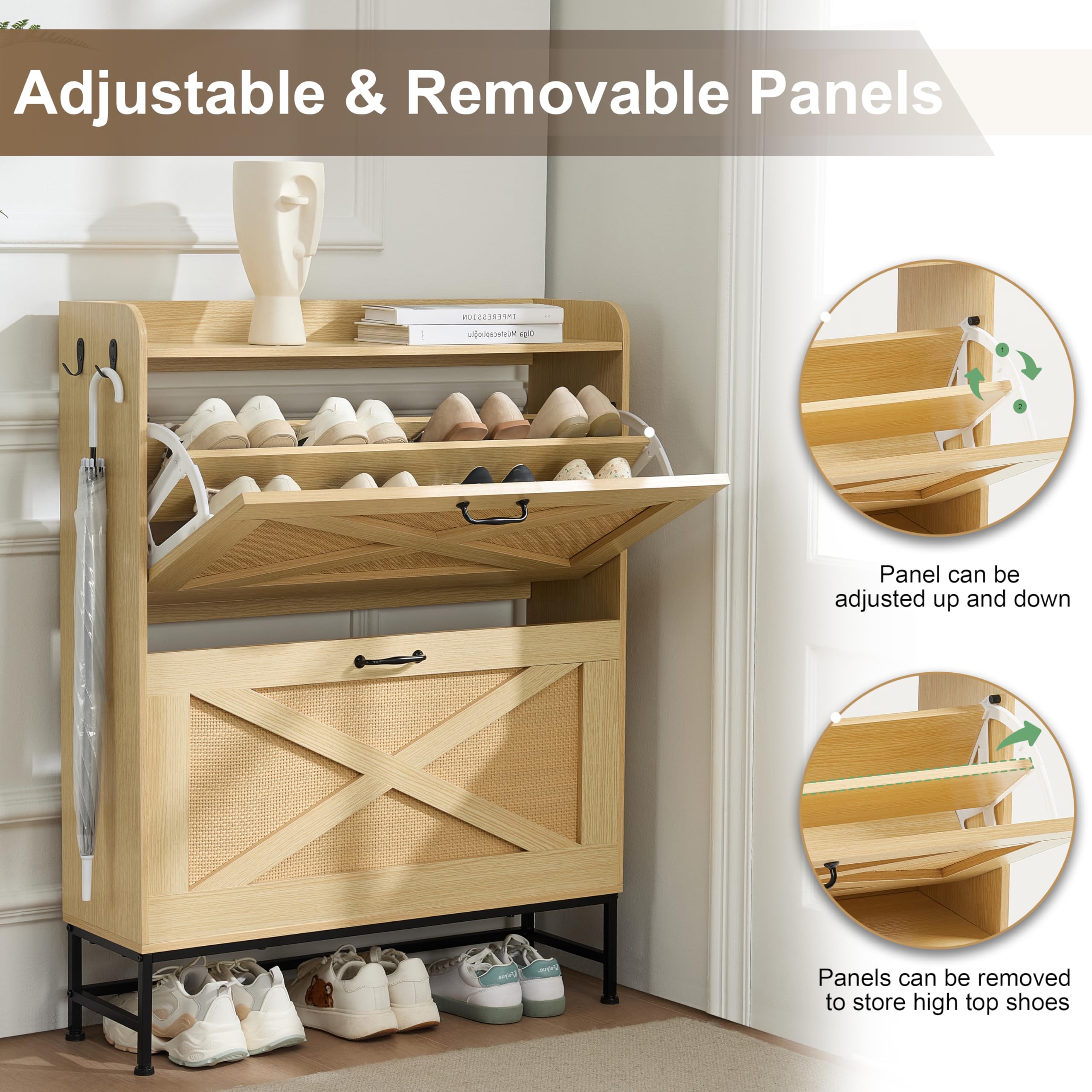 Slim Rattan Shoe Cabinet with 2 Flip Drawers - Narrow Entryway Shoe Organizer, Hidden Storage Cabinet with Metal Legs, Farmhouse Style Free Standing Shoe Rack - Perfect for Small Spaces, Apartments & Closet Organization (Natural Color)
