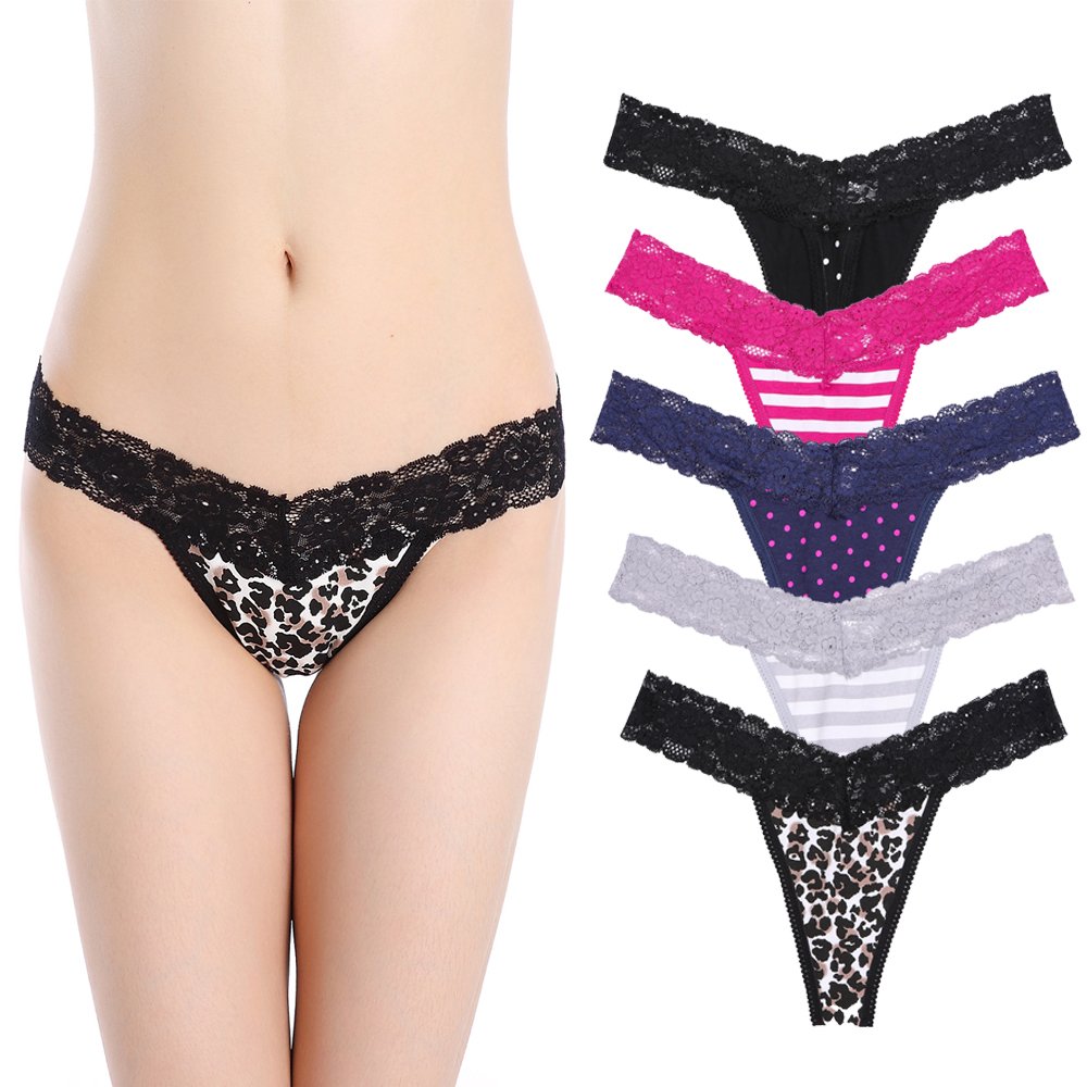 5-Pack Women's Lace Cotton Thong Underwear - Low Rise Leopard Print T-Back Panties for Everyday Wear & Special Occasions