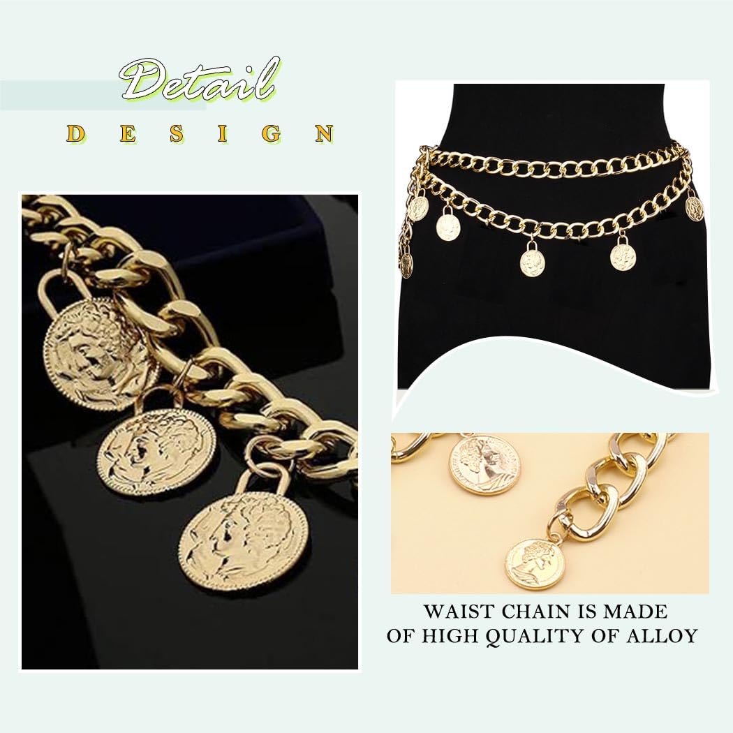 REETAN Gold Coin Waist Chain - Chunky Layered Metal Belt for Women | Pirate Costume Accessory | Perfect for Cosplay, Halloween & Festival Outfits
