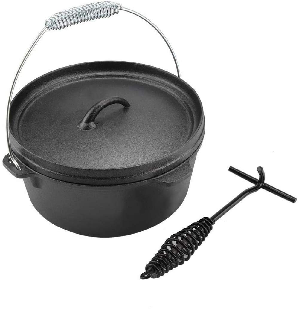 25cm Non-Stick Dutch Oven with Lid & Hook - Cast Iron Camping Cookware for Outdoor BBQ, Camping & Backpacking - Perfect for Stews, Baking & Open-Fire Cooking
