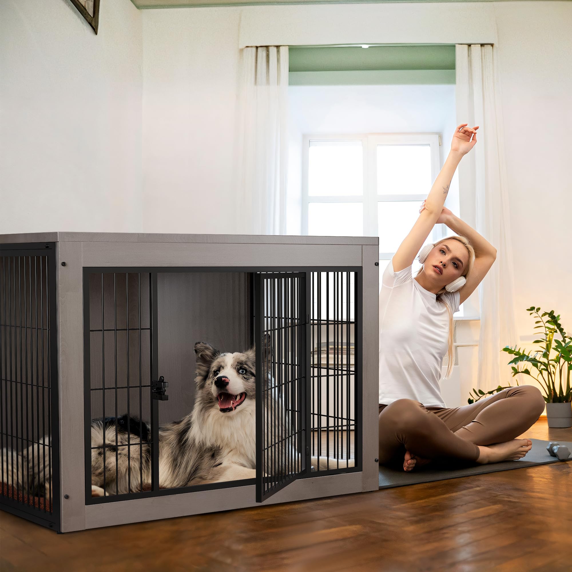 **Stylish Grey Dog Crate Furniture with Soft Cushion - Double Door Indoor Dog Kennel & Side End Table - Easy Assembly Pet House for Small, Medium, Large Dogs (38.8