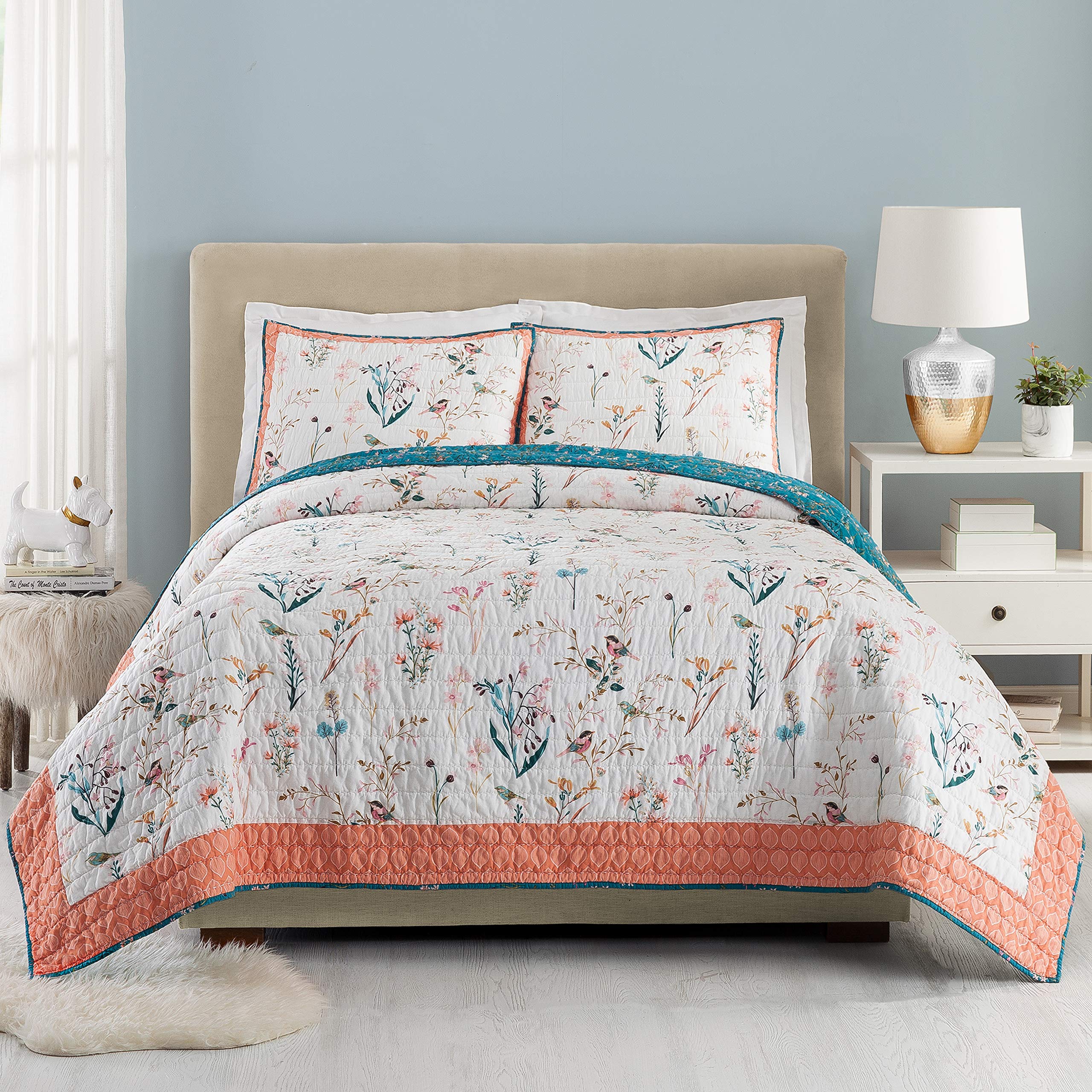 Teresa Chan English Garden 3-Piece Quilt Set - Lightweight Floral Pink Printed Coverlet Bedding with Shams | All-Season King Size Quilted Bedspread for Master Bedroom & Guest Room Decor