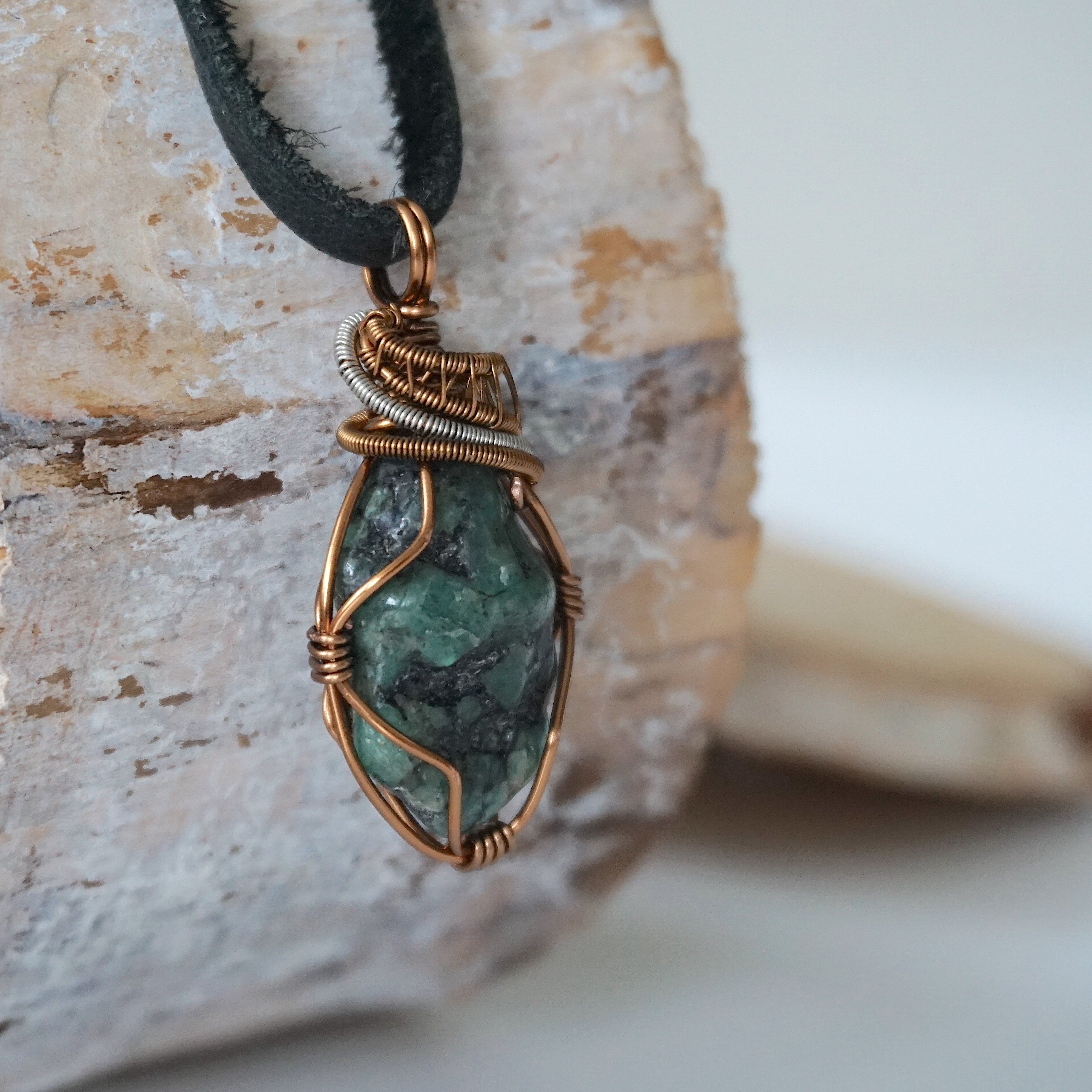 Handmade Men's Raw Emerald Necklace - Sterling Silver & Bronze Wire Wrapped Pendant with Black Leather Cord - Perfect for Gifts, Spiritual Healing & Boho Fashion