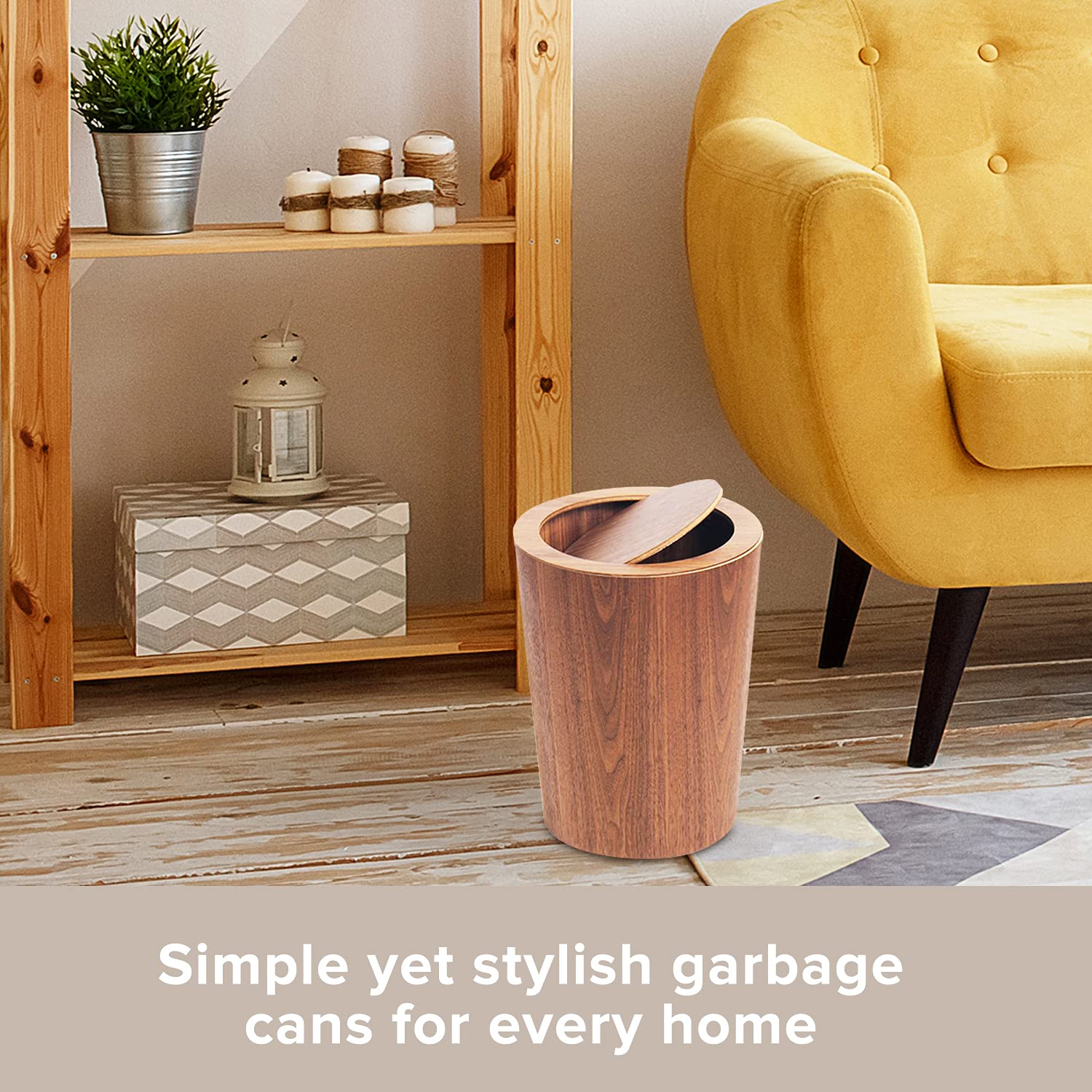 Modern Round Trash Can with Lid - Wood Grain Waste Basket in Walnut - 9.25