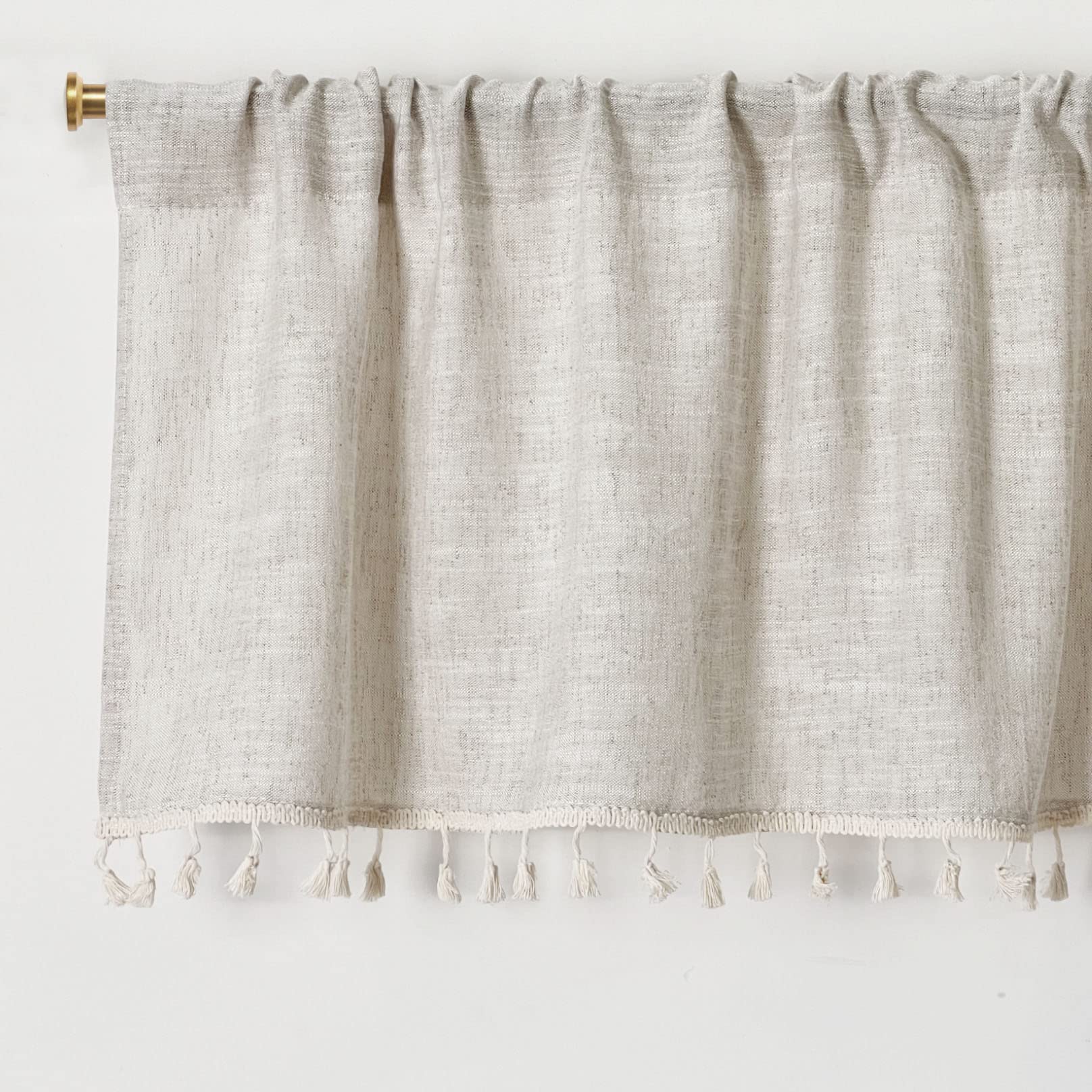 2 Pack Boho Tassel Kitchen Valances - 55x15 Inch Natural Cotton Linen Window Curtain Toppers for Modern Farmhouse, Rustic Country & Bohemian Decor - Perfect for Small Windows in Kitchen, Bathroom & Living Room